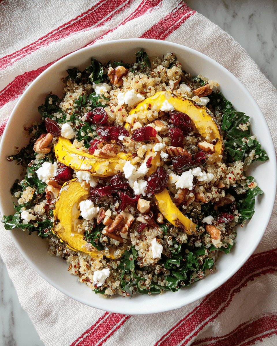 A white bowl filled with a layered quinoa salad sits on a cloth with red and white stripes over a white marbled texture. The bottom layer shows light beige quinoa grains mixed with bright yellow grilled squash slices and dark green chopped kale. On top, there are small pieces of white cheese, deep red dried cranberries, and brown chopped nuts scattered evenly. The textures vary from soft quinoa, slightly charred squash, leafy kale, crumbly cheese, and crunchy nuts, creating a colorful and fresh look. photo taken with an iphone --ar 4:5 --v 7