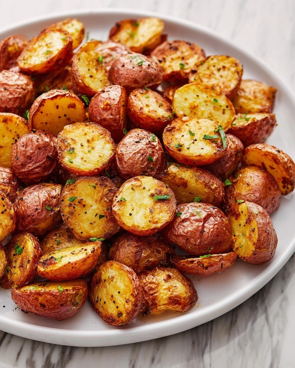This image shows a close-up of many small roasted potatoes on a white plate. The potatoes are cut in halves, showing a golden-yellow inside with a crispy, browned surface. The outside skin is reddish-brown and wrinkled, with some black pepper and small green herb leaves sprinkled on top. The potatoes fill the plate completely, making a textured and colorful pile. The background is a white marbled texture. photo taken with an iphone --ar 4:5 --v 7