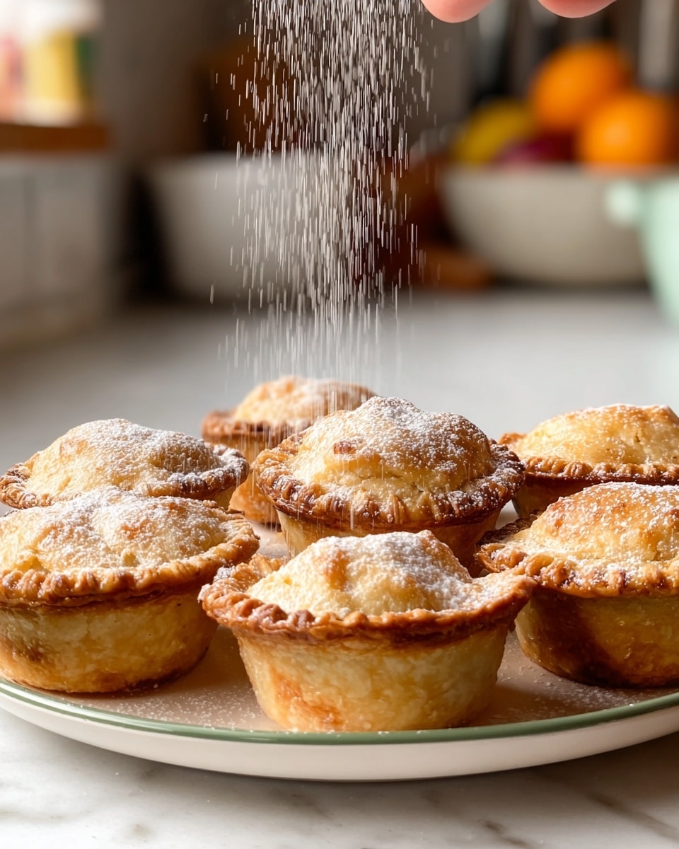 A close-up view of six golden brown mini pies with crimped edges, arranged in two rows of three on a white plate with a subtle green rim. The pies have a slightly domed, flaky crust with a warm, toasted texture. Powdered sugar is being sprinkled from above, with fine white particles captured mid-air just above the pies and settling gently on top, adding a light dusting. The background shows a blurred kitchen counter with soft warm lighting and various out-of-focus items. The whole scene is set on a white marbled surface. photo taken with an iphone --ar 4:5 --v 7
