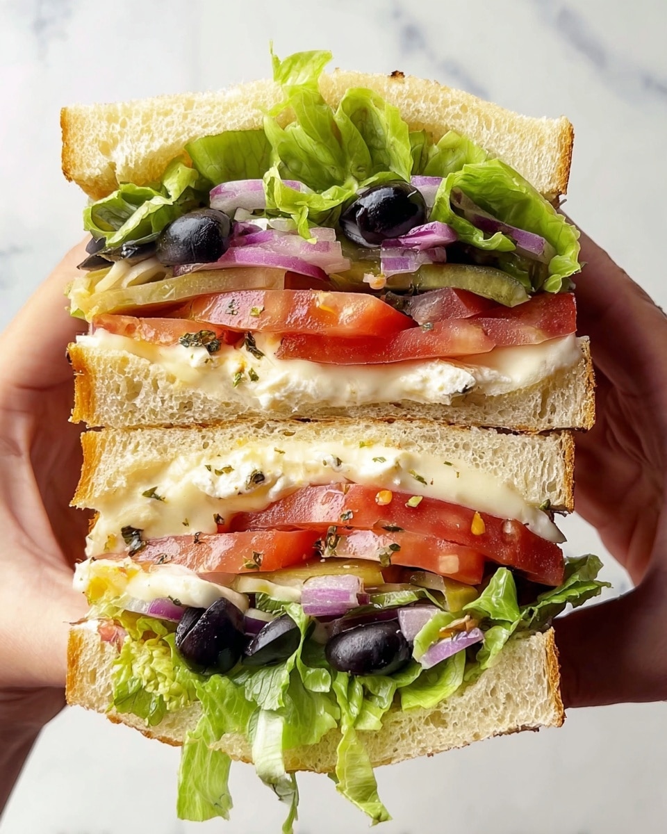 A sandwich held by two woman's hands shows three thick layers of golden grilled halloumi cheese in the middle. On both sides of the cheese, there are fresh green lettuce leaves with visible veins. Next to the lettuce are slices of red tomato topped with black olive pieces and thin slices of red onion. The outside of the sandwich is made of thick, soft white bread with a light crust and airy texture inside. The background is a white marbled texture with some small food crumbs scattered. Photo taken with an iphone --ar 4:5 --v 7