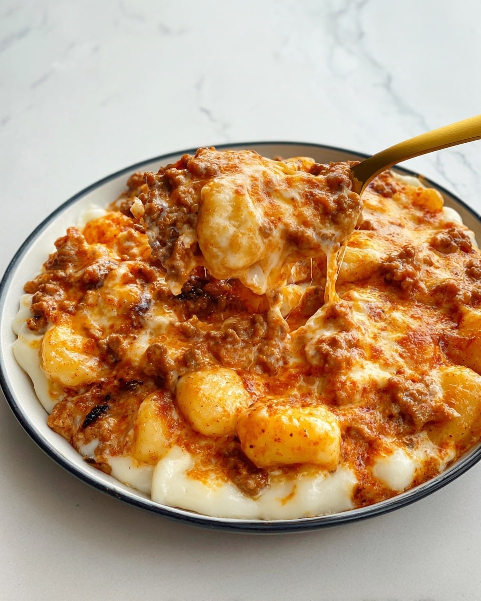 A close-up view of a black cast iron pan filled with a dish topped with a thick layer of melted, browned cheese that has white and golden-yellow areas with spots of orange oil pooling on top. Underneath, a creamy, white sauce mixed with chunks of browned meat is being scooped up by a wooden spoon showing the soft, bubbling texture beneath the cheese. The pan sits on a white marbled surface. photo taken with an iphone --ar 4:5 --v 7