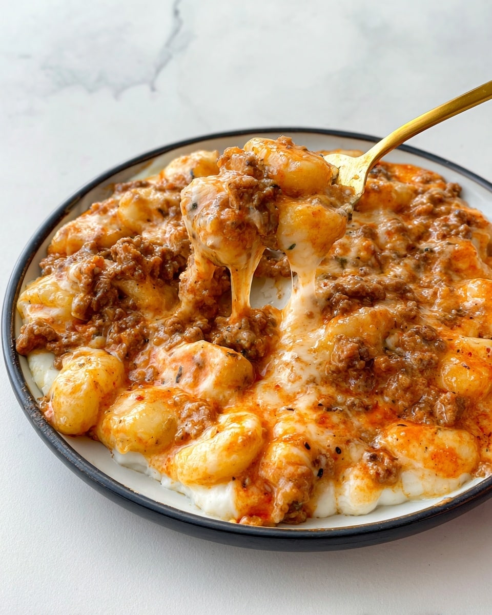 A close-up of a white plate filled with a creamy layered dish. The bottom layer is white and smooth, looking like melted cheese or cream. On top, there is a thick sauce layer with a rich orange color mixed with brown bits, indicating ground meat or spices. Soft, pillowy gnocchi pieces are visible throughout the sauce, mostly covered but partly showing their pale yellow color. A golden spoon lifts a portion from the plate, showing the gooey texture of the cheese and sauce. The background is a white marbled texture. photo taken with an iphone --ar 4:5 --v 7
