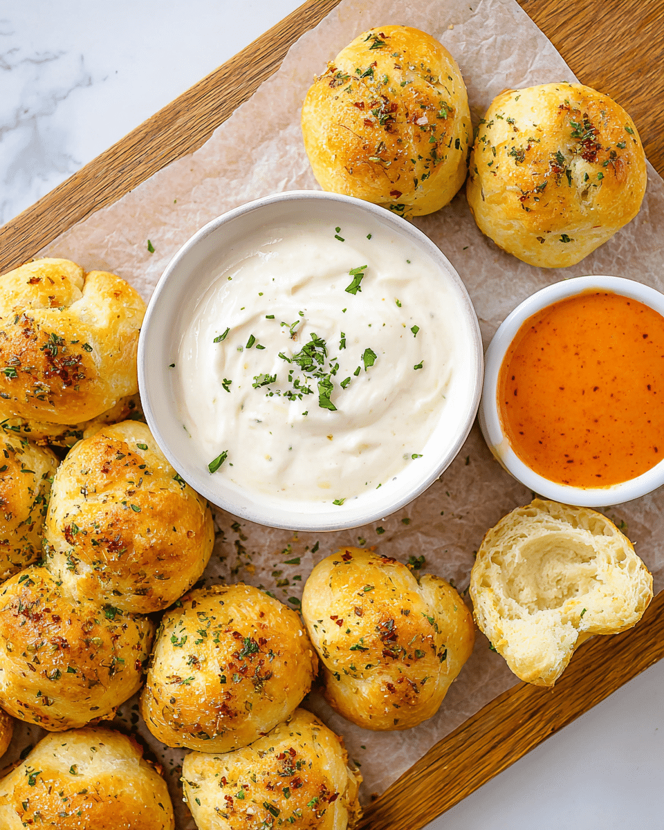 The image shows a white round bowl filled with creamy white dip topped with small green herbs placed near the center on a white marbled surface. Surrounding the bowl are several golden-brown baked bread knots with a slightly crispy texture, sprinkled with green herbs and some subtle red seasoning on top. There is also a small white dish filled with a bright orange dipping sauce to the right. The bread knots vary slightly in size and shape, looking soft inside with a light crunch on the outside. All items rest on a piece of parchment paper on a wooden board beneath the white marbled textured background. photo taken with an iphone --ar 4:5 --v 7