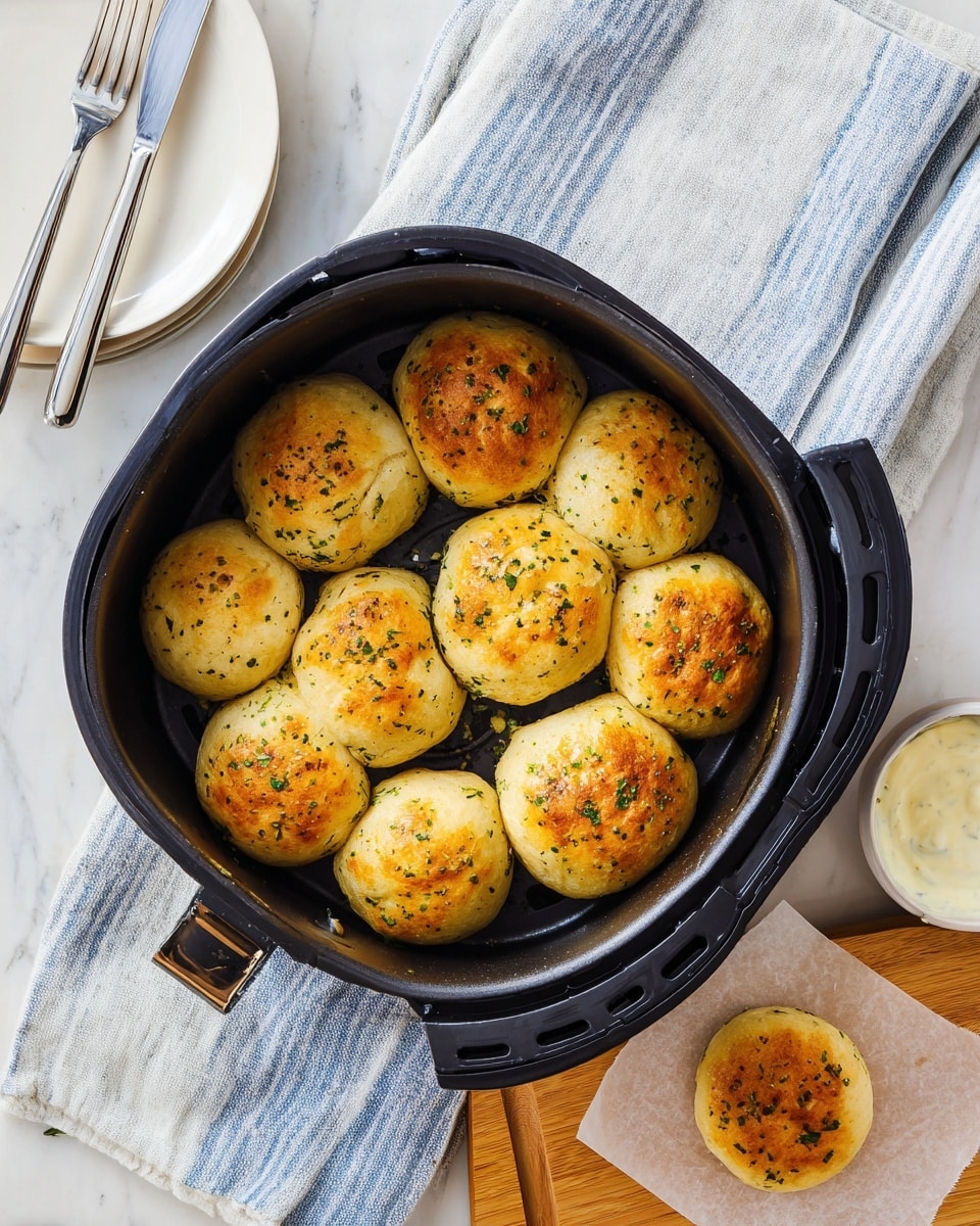 The image shows a black air fryer basket filled with eleven golden brown baked dough balls, each one lightly speckled with green herbs on top, giving a textured and slightly crispy look. The dough balls have rounded, uneven surfaces with a soft and fluffy texture indicated by some visible folds and cracks. To the upper left of the basket, two white plates with two silver forks rest on a crumpled white paper layer over a light wooden tray. At the lower right corner, there is one dough ball placed on white parchment paper on a light wooden board next to a small white bowl filled with creamy white sauce garnished with herbs. The scene is set on a white marbled surface with a blue and white striped cloth partially under the air fryer. photo taken with an iphone --ar 4:5 --v 7