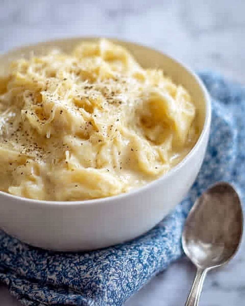 A white bowl filled with creamy pasta, coated in a thick, pale yellow cheese sauce that looks smooth and rich. The top layer shows noodles covered with shredded cheese and some black pepper sprinkled lightly. The bowl sits on a white marbled surface with a folded blue patterned cloth next to it. A spoon with a shiny silver handle is placed beside the bowl. photo taken with an iphone --ar 4:5 --v 7