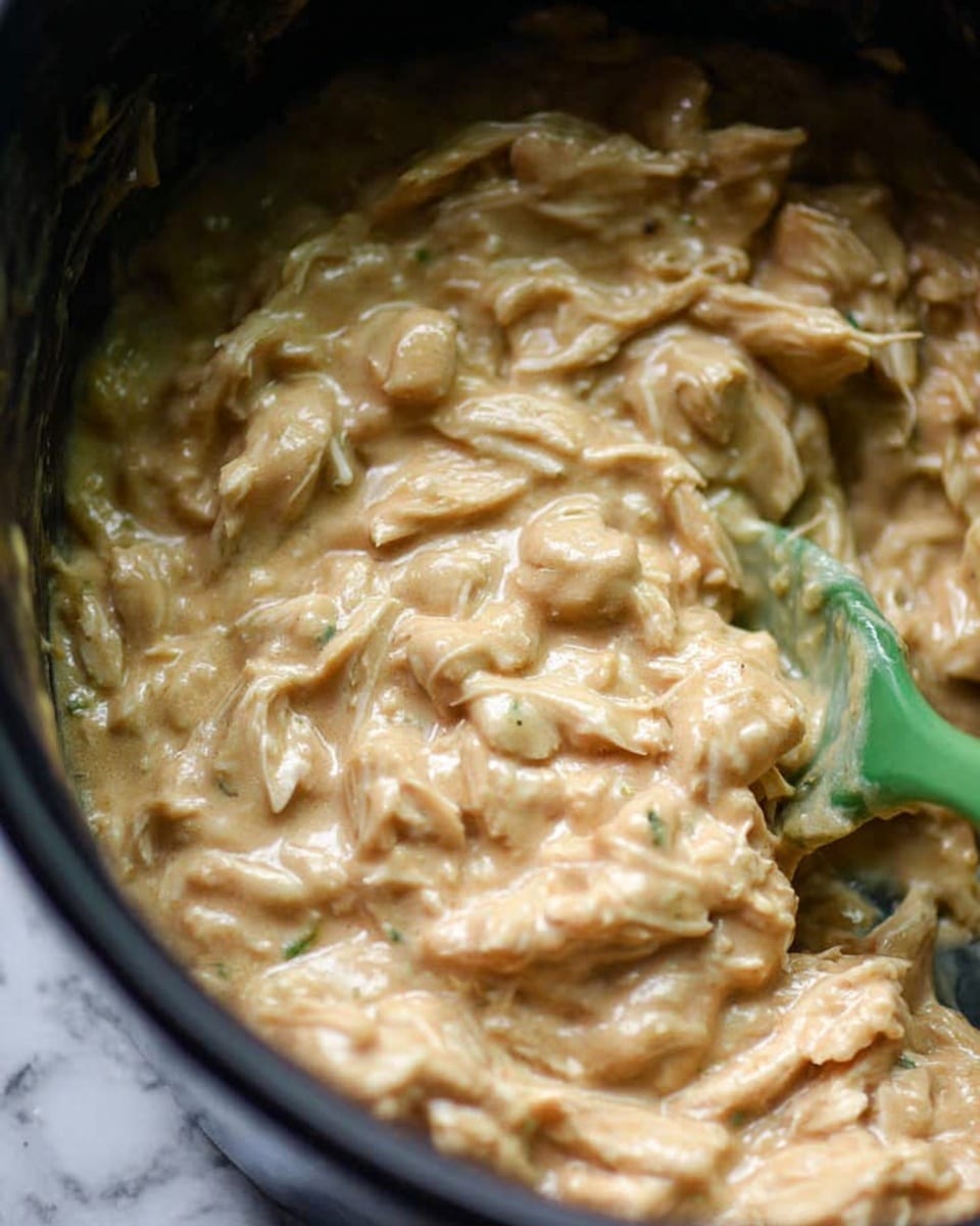 The image shows a close-up of a creamy dish in a black cooking pot, with a green spoon partially submerged in the food. The dish has a thick, beige sauce with visible shreds of light brown chicken mixed throughout. The texture appears smooth and rich with small lumps from the chicken. The dish fills most of the pot, and the green spoon is scooping a portion, showing the consistency of the sauce and the chicken. The background is a white marbled texture. photo taken with an iphone --ar 4:5 --v 7