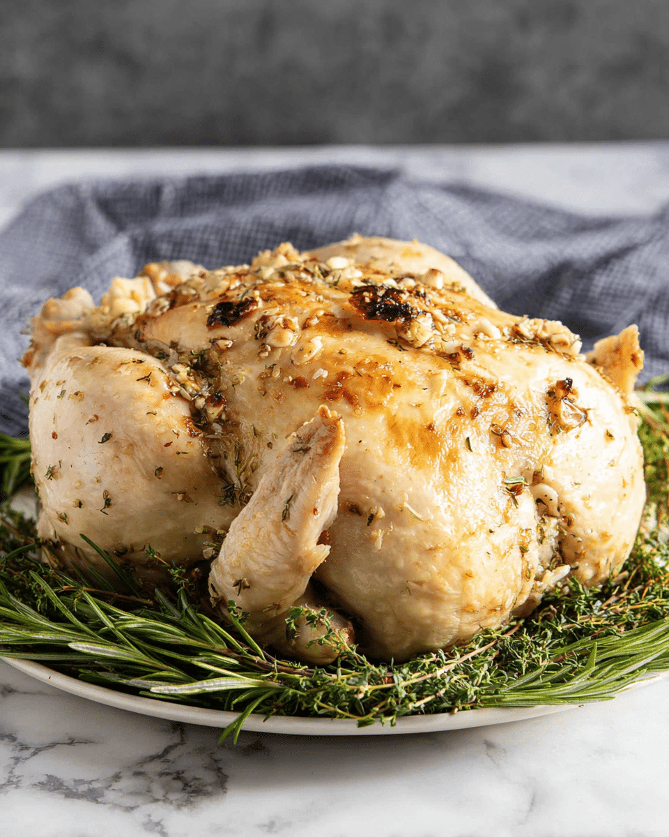 A cooked whole chicken with light golden-brown skin sits on a white plate, garnished with green fresh rosemary and thyme sprigs underneath and around it. The chicken is topped with small pieces of chopped garlic and herbs, with a slightly crispy texture visible on the skin. The cavity of the chicken is filled with slices of lemon peeking out. The background features a soft blue-grey cloth and a blurred stainless steel pressure cooker, all set against a white marbled surface. photo taken with an iphone --ar 4:5 --v 7