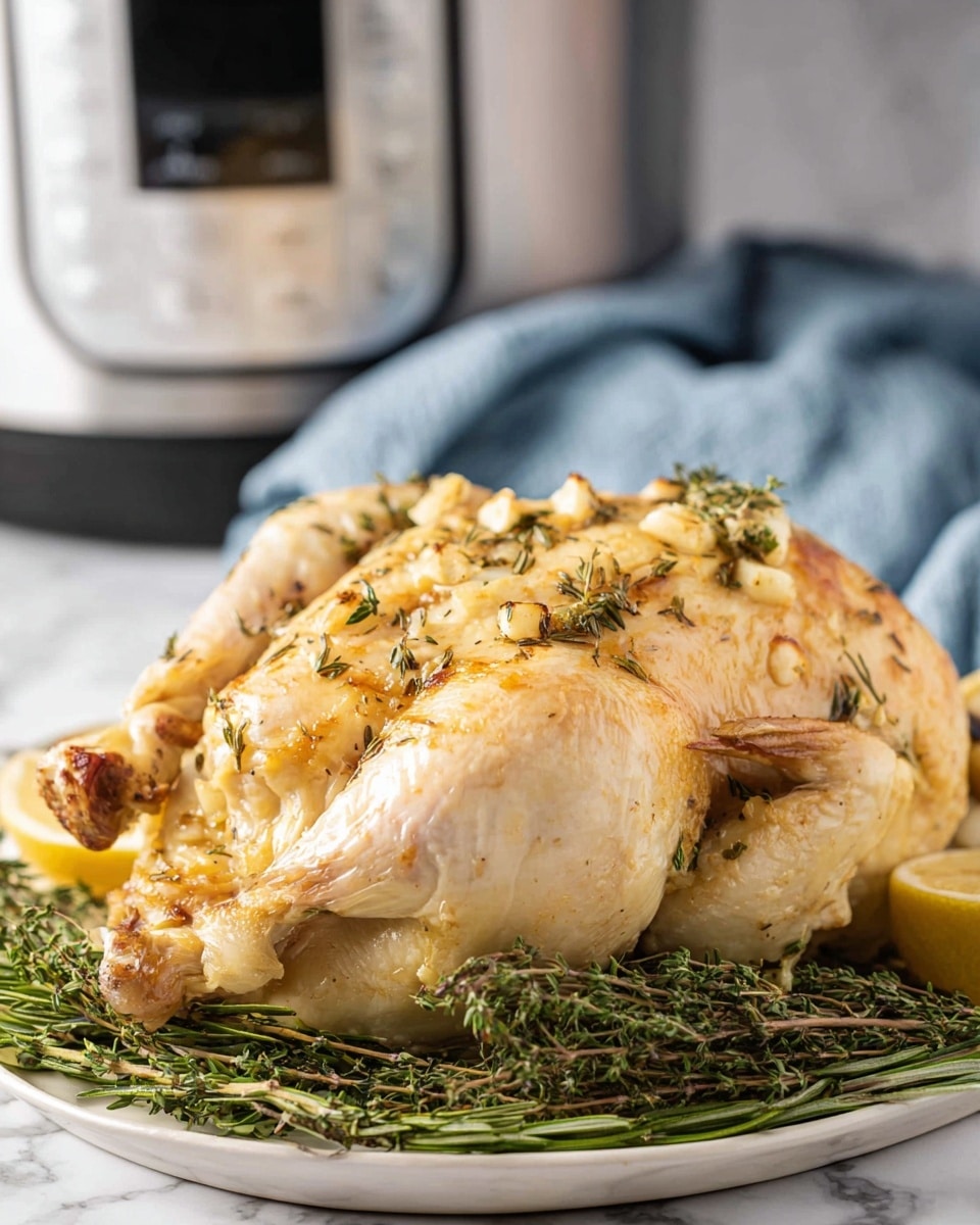 The image shows a whole roasted chicken with a light golden skin, placed on a bed of fresh green rosemary and thyme sprigs. The chicken’s skin looks moist and tender, with small pieces of browned garlic and herbs sprinkled on top, especially on the back and wings. The wings and drumsticks are tucked in close to the body, giving a compact shape. Underneath the chicken, the white plate is barely visible, set on a white marbled surface with a gray cloth in the background. photo taken with an iphone --ar 4:5 --v 7