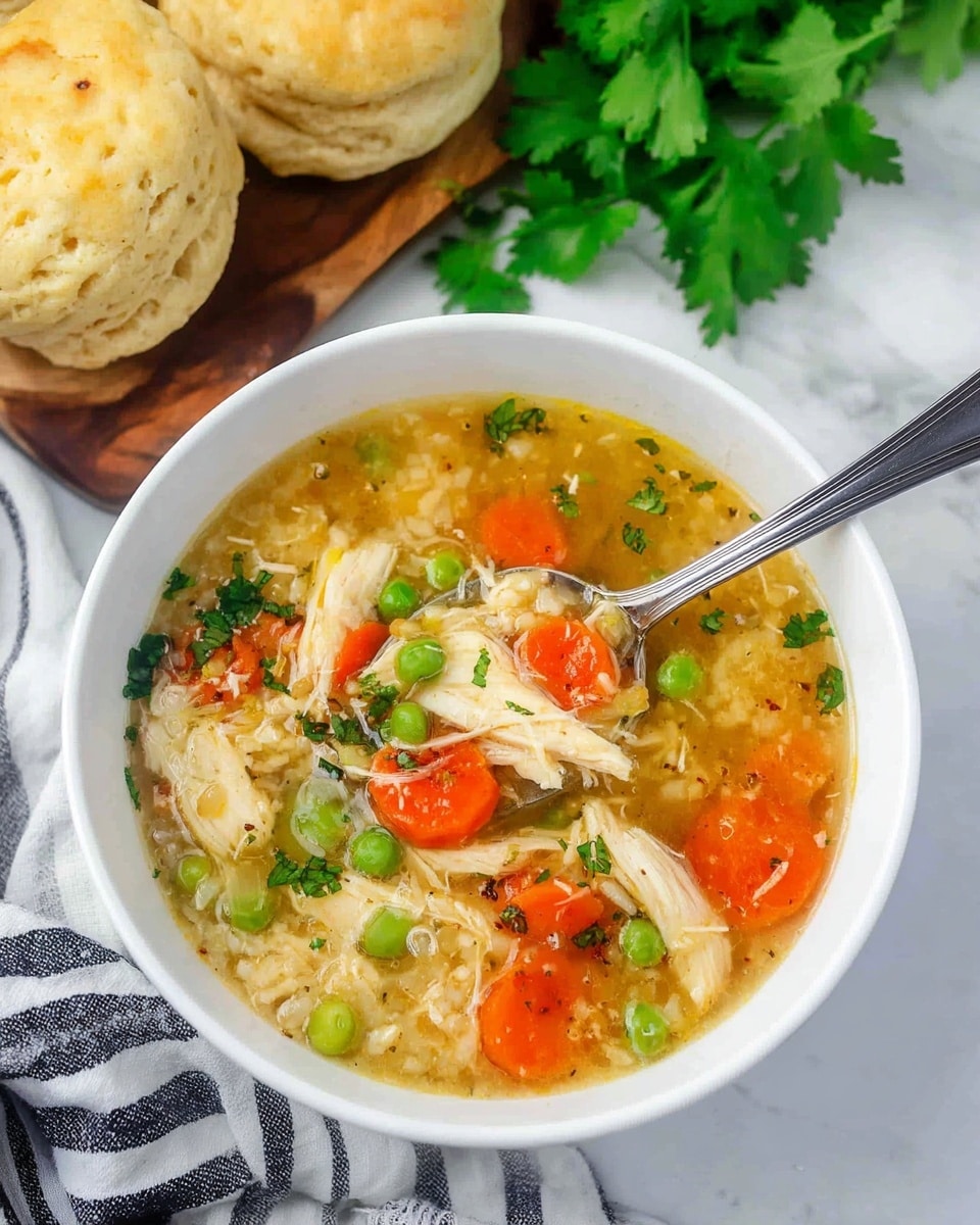 A close-up view of a dish inside a deep black pot with white and black stripes around the edge, showing a moist mix of cooked white rice, bright green peas, orange carrot slices, and shredded light beige chicken pieces all mixed in a thick, slightly yellow broth with small diced celery visible. A woman's hand holds a black spoon submerged in the dish, and a white cloth with black stripes rests to the side on a white marbled surface. photo taken with an iphone --ar 4:5 --v 7