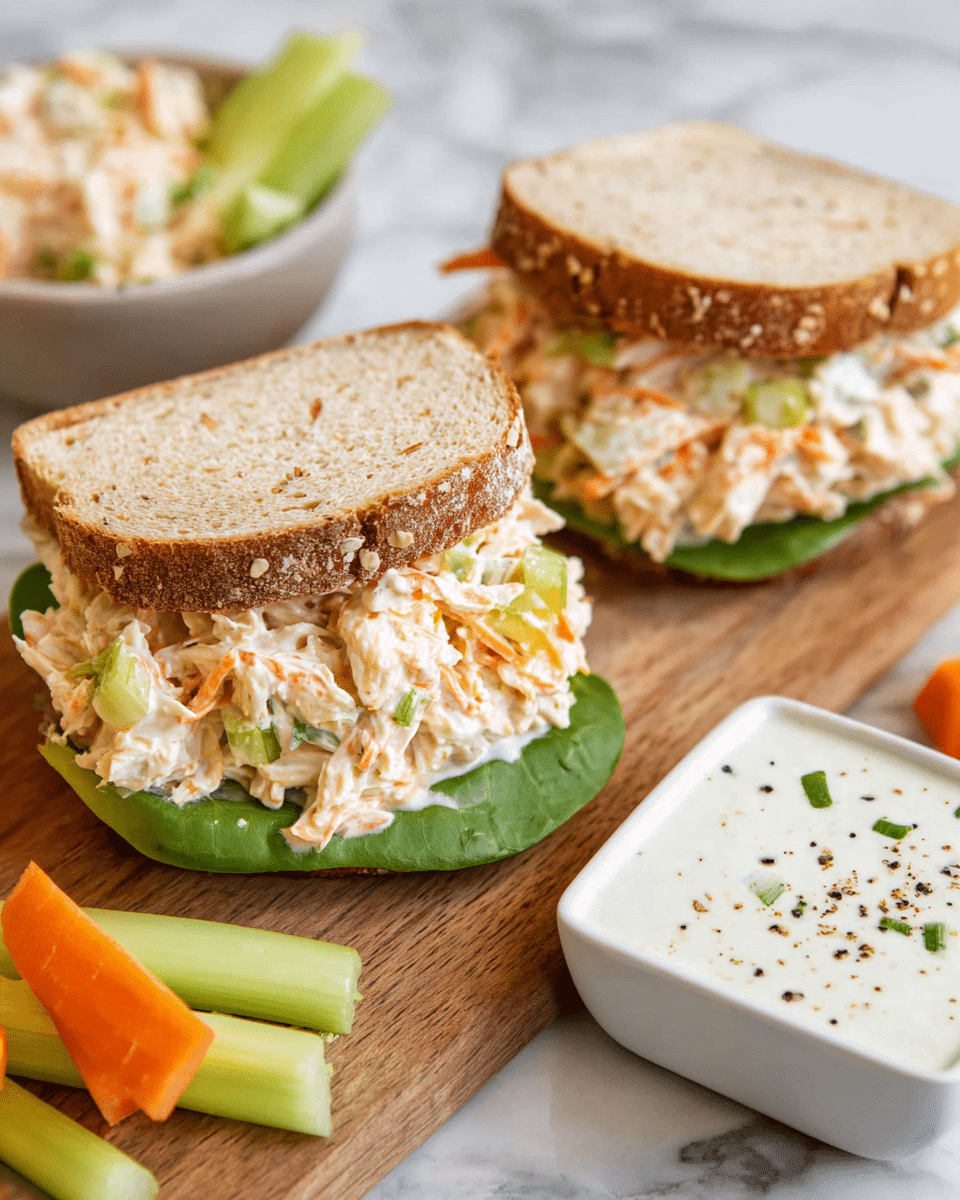 Two sandwiches on a wooden board each have three layers: the bottom layer is a green leaf, the middle layer is a creamy shredded chicken salad with bits of orange and green, topped with a white sauce, and the top layer is two slices of light brown multigrain bread with visible oats. Around the board are pieces of carrot and celery sticks and a small white bowl filled with the same creamy shredded chicken salad. In the foreground is a small white square dish with a white creamy sauce, sprinkled with black pepper and green herbs. The scene is set on a white marbled surface. Photo taken with an iphone --ar 4:5 --v 7
