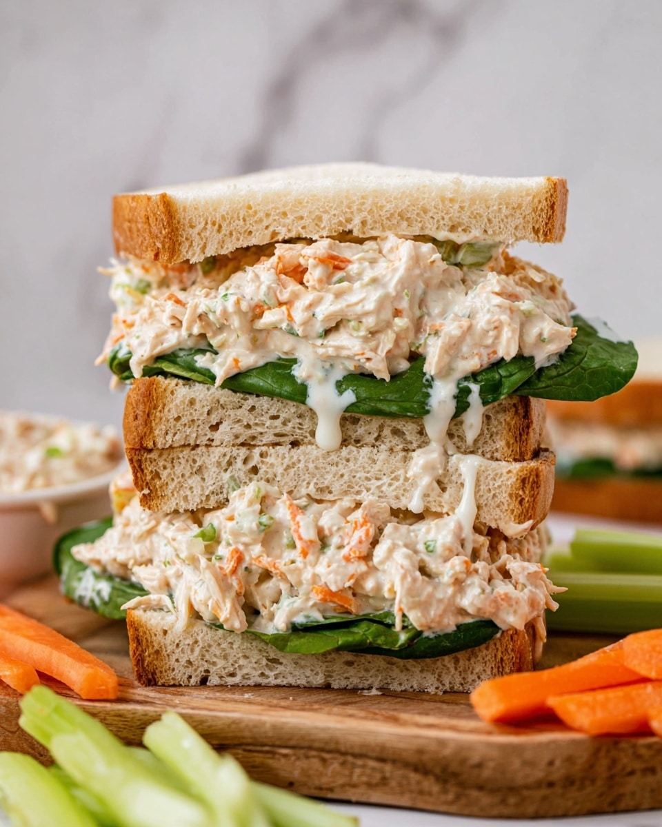 A close-up of a two-layer sandwich on white bread slices with visible texture, each slice slightly thick. The sandwich filling has three layers: the bottom layer is fresh green lettuce leaves, the middle layer is a creamy chicken salad mix with shredded chicken, orange carrot bits, and celery pieces, topped with a white sauce that drips slightly. The top layer repeats the green lettuce, followed by another thick portion of the creamy chicken salad and white sauce that is spread and slightly dripping. The sandwich is stacked on a wooden board with celery and carrot sticks around, all set on a white marbled surface. Photo taken with an iphone --ar 4:5 --v 7