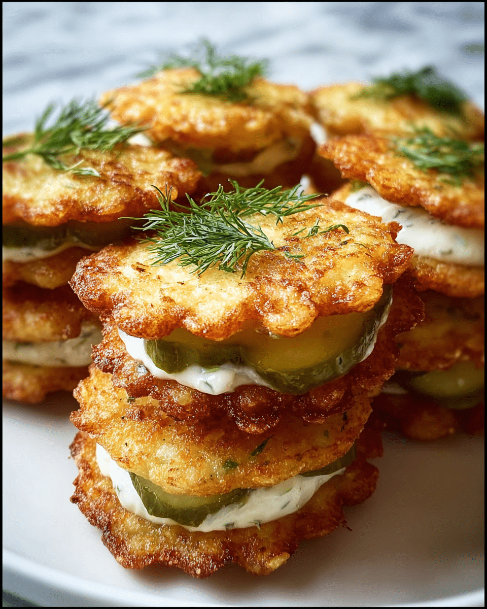 The image shows several stacks of small, round, golden-brown crispy fritters with scalloped edges. Each stack has three visible layers: the top and bottom layers are the crispy fritters with a crunchy texture and browned spots around the edges, while the middle layer has a thick slice of green pickle with visible ridges and a soft white creamy spread beneath it. Some of the fritters are topped with fresh green dill leaves. The stacks are placed closely together on a white plate, all sitting on a white marbled surface. The photo taken with an iphone --ar 4:5 --v 7
