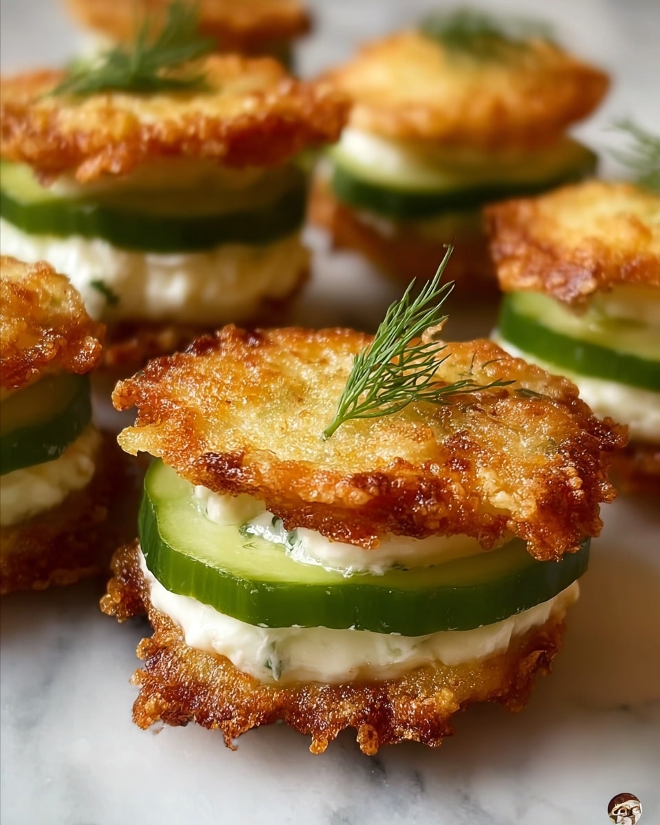 The image shows several small stacked savory snacks with three layers each, placed closely together. The bottom and top layers are golden brown, crispy, and textured like fried batter with uneven edges, while the middle layer is a thick slice of green cucumber with visible seeds and a moist texture. Between the cucumber and the bottom crispy layer, there’s a creamy white filling that looks soft and smooth. Each stack is topped with a small green dill herb garnish. The snacks are set on a white marbled surface. photo taken with an iphone --ar 4:5 --v 7