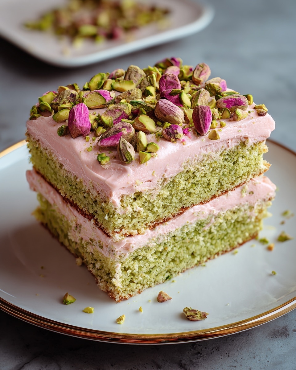 This is a two-layer round cake placed on a white cake stand over a grey cloth, with a white marbled texture surface. The cake's outer frosting is pale green and smooth with a textured bottom edge of brown crumbs. The inside layers are a green sponge cake with a thin layer of light pink frosting between them. The top surface is covered with light pink frosting, decorated around the edges with pink dollops of frosting, each topped with green cardamom pods. Crushed nuts and green cardamom seeds are sprinkled around the center and edges. A slice is removed, showing the inner layers clearly. Photo taken with an iphone --ar 4:5 --v 7