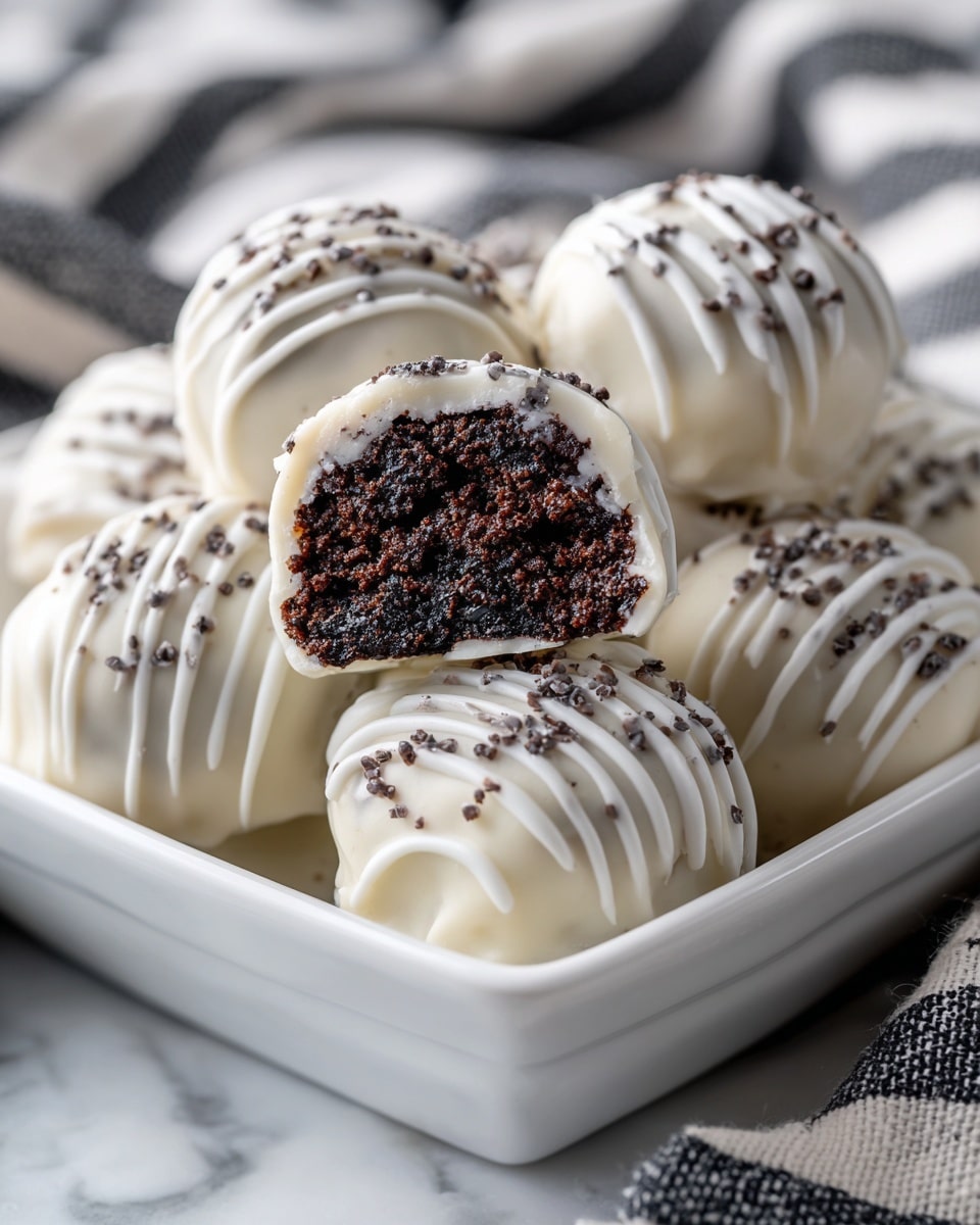 The image shows two round cake balls, one stacked on top of the other, placed on a white marbled surface. The bottom layer is a smooth white chocolate coating with delicate wavy lines decorating the surface. The top cake ball is cut in half, showing a rich, dark chocolate interior with a moist, dense texture inside the white chocolate shell. In the background, there is a soft focus of a white container holding more cake balls, with a blurred striped cloth adding depth to the image. The lighting is bright and natural. photo taken with an iphone --ar 4:5 --v 7