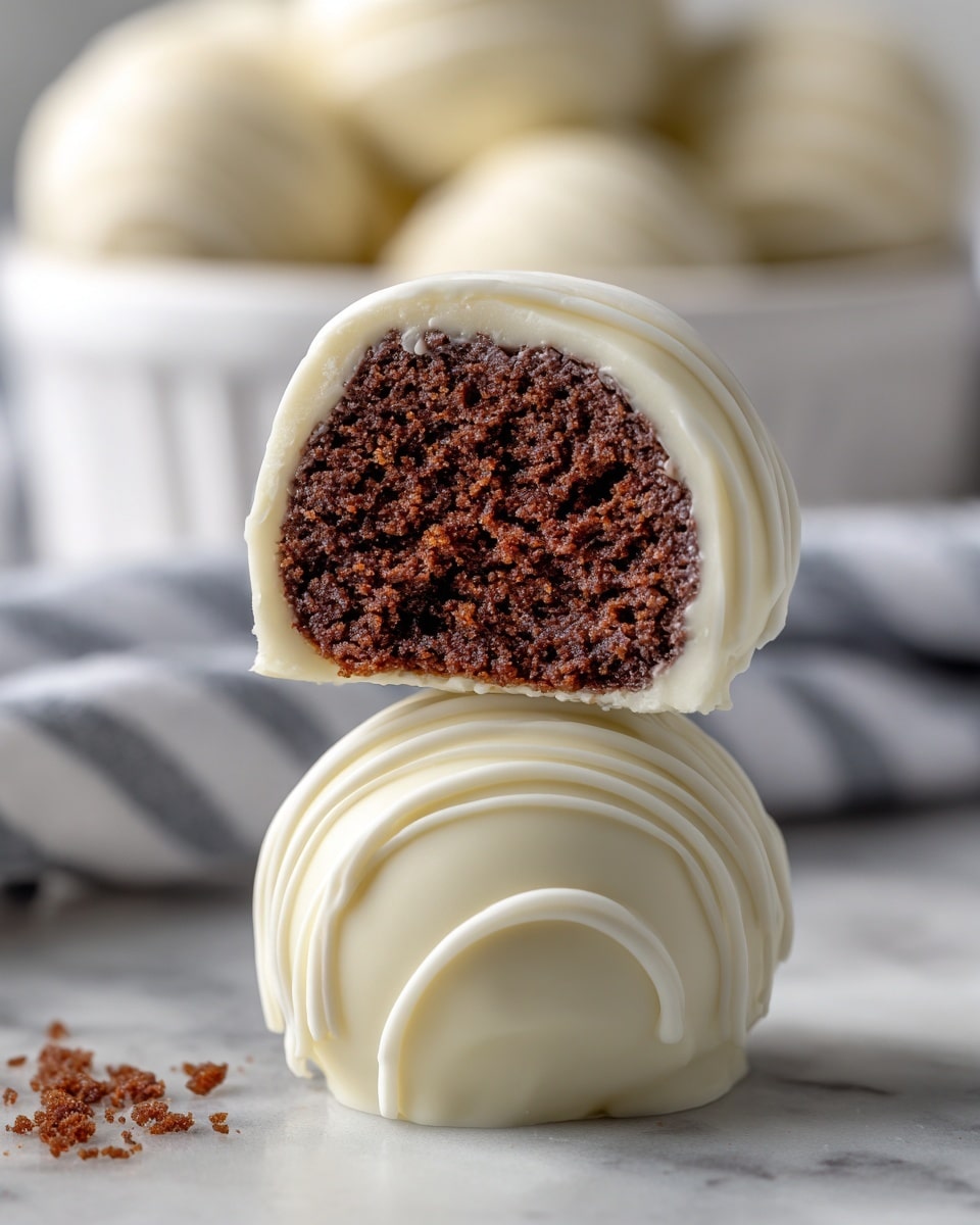 A square white bowl holds round treats coated in smooth white chocolate with a soft drizzle layer on top, creating fine white lines across each piece. One treat is cut in half and placed on top, showing a thick, dark, moist inside layer with a crumbly texture, contrasting with the shiny white outer layer. The bowl sits on a white marbled surface with out-of-focus black and white striped fabric in the background. photo taken with an iphone --ar 4:5 --v 7