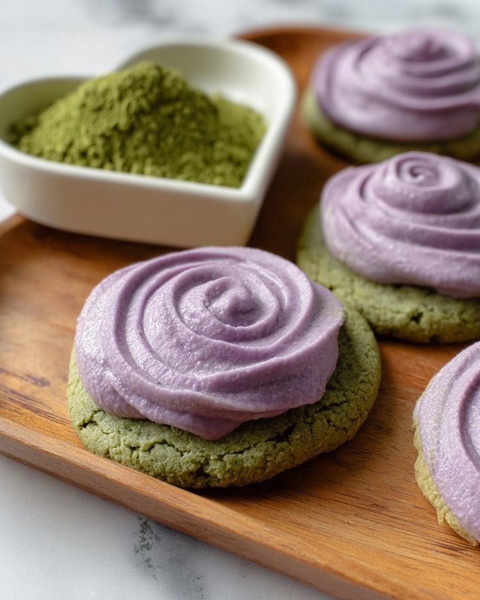 The image shows soft green cookies topped with a thick layer of pale purple frosting swirled in a circular pattern. The green cookie base has a slightly rough texture, while the purple frosting appears smooth and creamy. The cookies are placed on a wooden tray with a white heart-shaped dish in the background filled with green powder. The scene is set on a white marbled surface photo taken with an iphone --ar 4:5 --v 7
