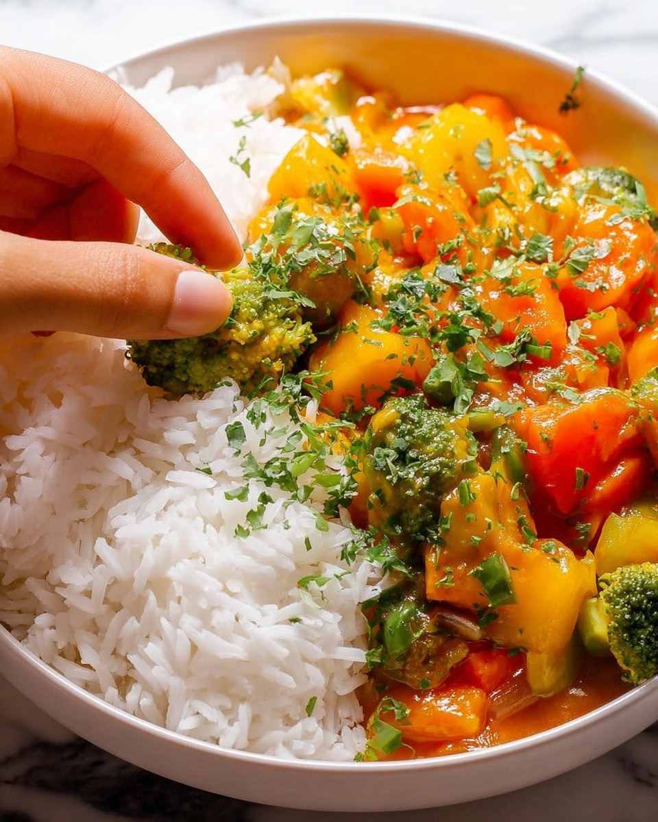 A close-up view of a white bowl filled with two main layers: on the left is a layer of soft, fluffy white rice, and next to it on the right is a colorful vegetable stir-fry with visible broccoli florets in dark green, chunks of bright orange carrots, and small pieces of yellow and green vegetables mixed in a shiny orange sauce. A woman's hand is gently placing a piece of broccoli on top, adding fresh green herbs sprinkled across the dish. The bowl sits on a white marbled textured surface. photo taken with an iphone --ar 4:5 --v 7