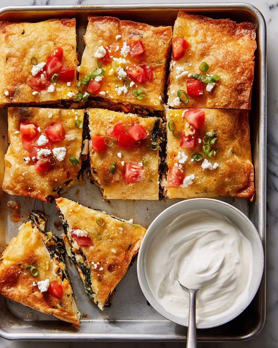 A metal baking tray holds a layered dish cut into several square and triangular pieces. The top layer is golden brown and crispy, sprinkled with small red tomato pieces and round slices of green onion. Underneath the top crust is a darker layer filled with cooked greens, visible on the edges of some pieces. There is crumbled white cheese peeking out near the cut edges. To the right, a white bowl filled with smooth, white sour cream rests on the tray, with a metal spoon inside it. The whole scene is set on a white marbled textured surface. Photo taken with an iphone --ar 4:5 --v 7