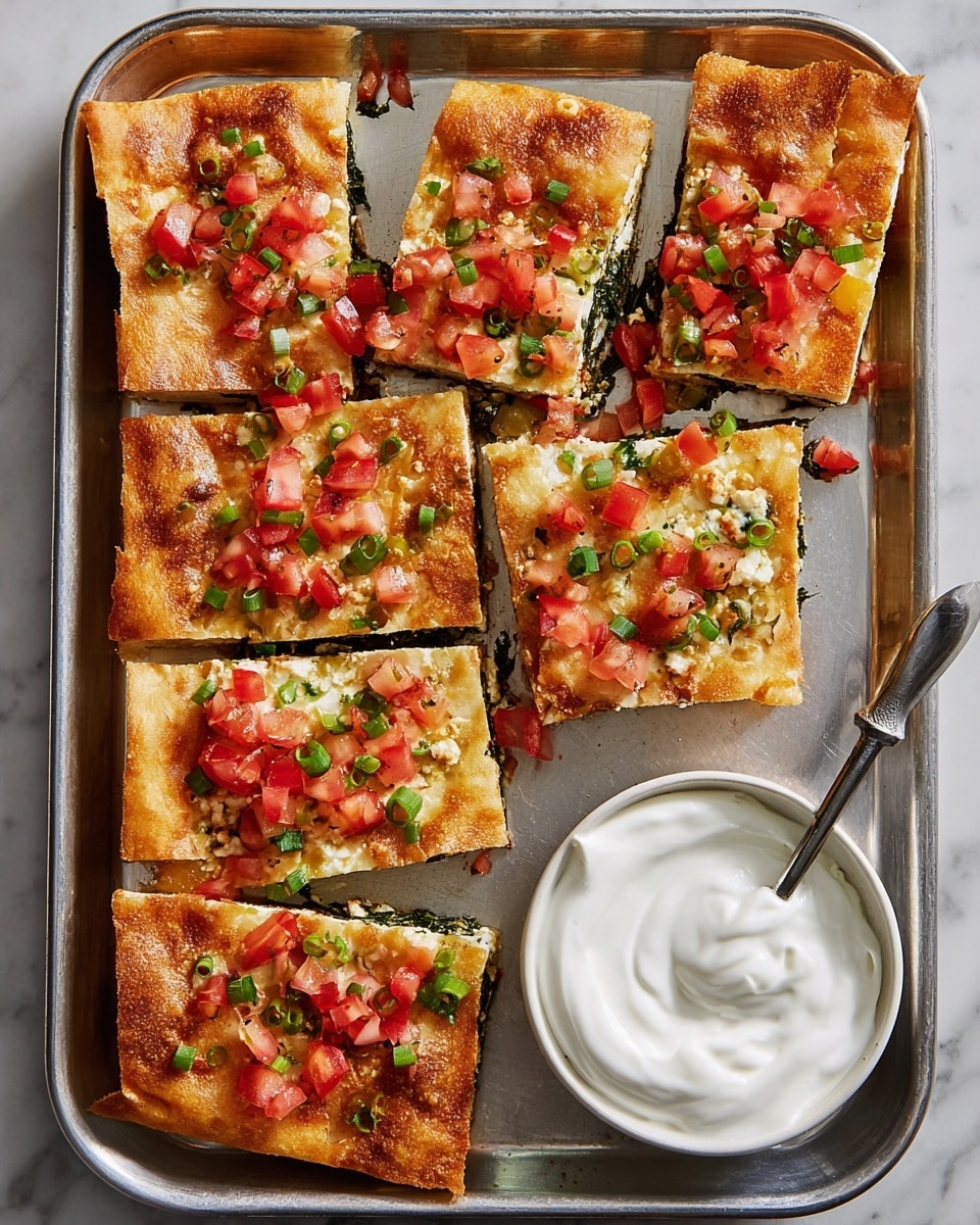 A rectangular baked dish on a silver tray has a golden brown crust on top, cut into seven square pieces arranged mostly in the upper half and bottom left and right. The crust is slightly puffed with a light crispy texture and is topped with small pieces of diced red tomato and finely chopped green onions scattered evenly across each piece. Underneath the crust, visible in the cut areas, is a dark green filling likely spinach and white crumbly cheese peeking through. In the bottom right corner of the tray, there is a small white bowl filled with smooth, white sour cream with a metal spoon resting in it. The whole tray is placed on a white marbled surface photo taken with an iphone --ar 4:5 --v 7