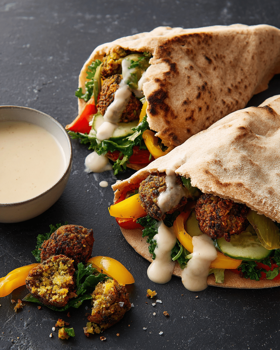 The image shows a falafel pita sandwich on a dark textured background replaced with a white marbled surface. The pita bread is soft, light brown with slightly charred spots, and it is folded to hold the fillings. Inside, the sandwich has multiple layers, starting with crispy, golden-brown falafel balls, followed by roasted yellow and red bell peppers, green leafy herbs, and pickles. A creamy, white tahini sauce is drizzled over the fillings, adding a smooth texture. Next to the sandwich, broken pieces of falafel with sauce sit on fresh green herbs and roasted vegetables. On the side, there is a white bowl filled with more creamy tahini sauce. photo taken with an iphone --ar 4:5 --v 7