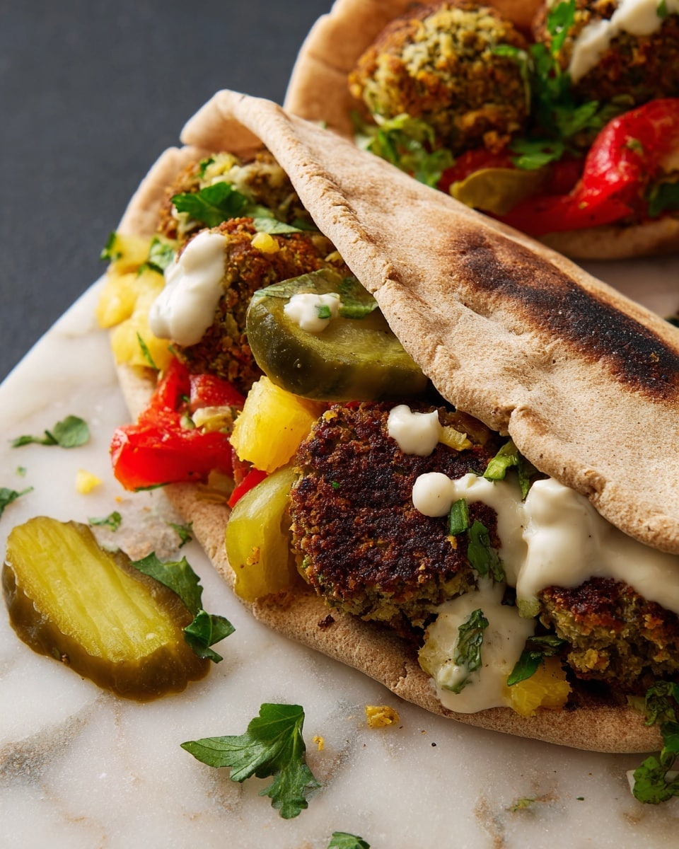 A close-up of a pita sandwich resting on a white marbled surface, showing a soft, light brown pita with darker toasted spots. Inside the pocket, there are several layers: red roasted peppers, bright yellow roasted pineapple chunks, chopped fresh green herbs, a few green pickles, and chunks of crispy falafel that have a golden-brown crust and a green herb texture inside. On top of the fillings, there are dollops of creamy white sauce. There are some falafel pieces scattered outside the pita along with green herbs and a few pickles. photo taken with an iphone --ar 4:5 --v 7