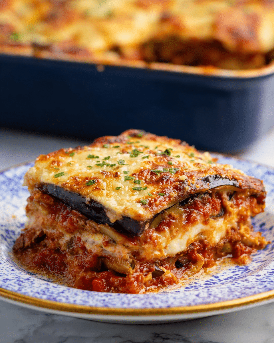 A close-up view of a square slice of eggplant lasagna placed on a white plate with a blue speckled design with gold trim. The lasagna has four visible layers: the bottom layer is a rich red tomato sauce mixed with small pieces of vegetables and cheese; the second layer is thick, creamy white cheese appearing soft and moist; the third layer is a thick slice of dark brown eggplant; the top layer is golden brown melted cheese with small green herb pieces sprinkled on top. In the blurred background, a dark blue rectangular baking dish filled with more cooked lasagna is visible. The surface beneath the plate is a white marbled texture. photo taken with an iphone --ar 4:5 --v 7