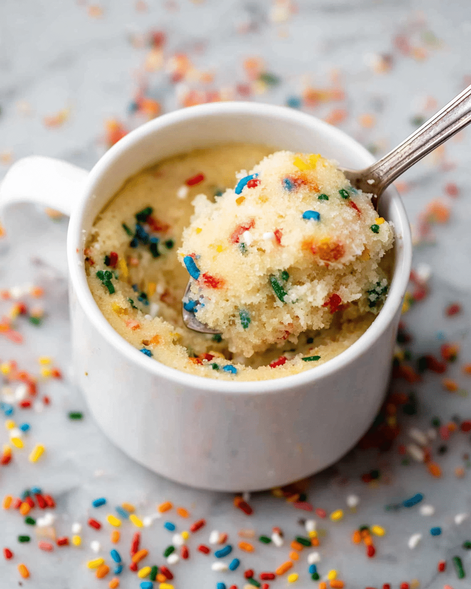 A white ceramic mug filled with a soft, light beige cake mixed with small, colorful sprinkles scattered throughout, mostly yellow, red, green, blue, and orange. A silver spoon is scooping some of the cake from the top right side, showing the moist and crumbly texture inside. Around the mug, many small, bright sprinkles are spread loosely on a white marbled surface, adding a festive touch to the scene. photo taken with an iphone --ar 4:5 --v 7