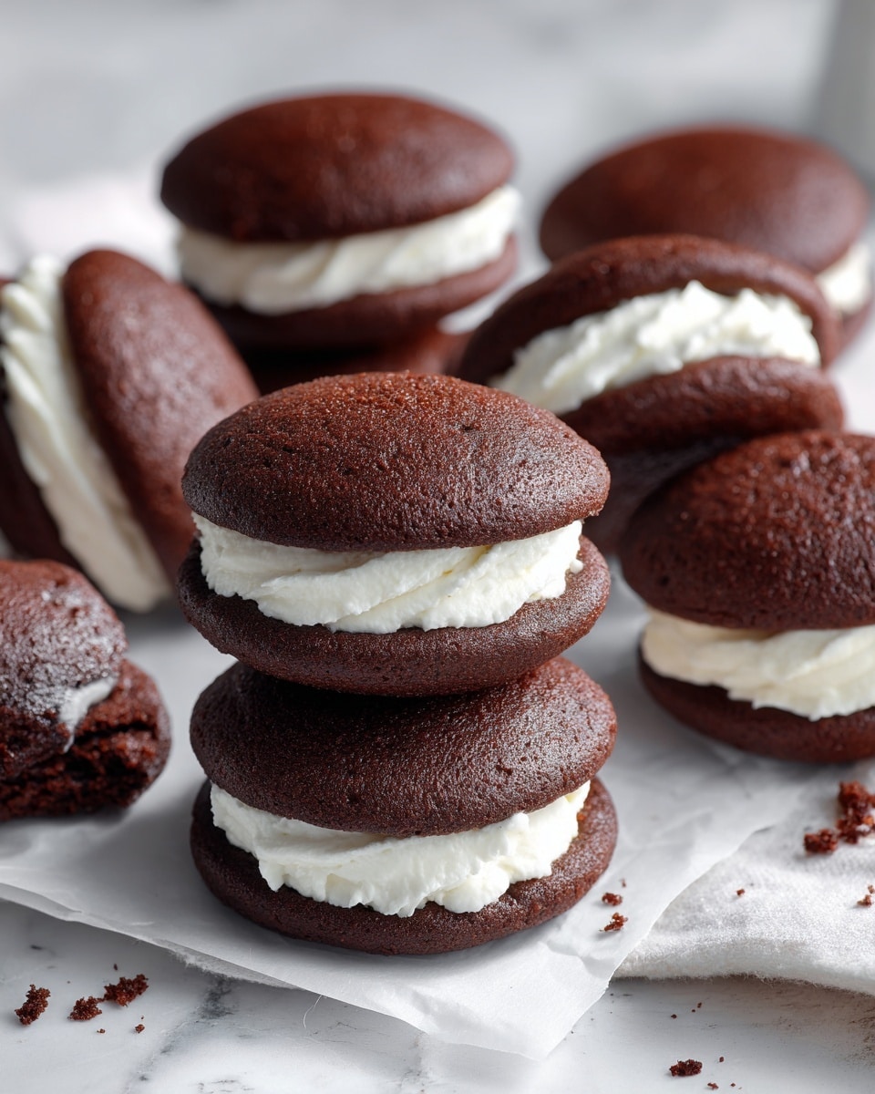 The image shows several chocolate whoopie pies arranged on white parchment paper over a white marbled surface. Each whoopie pie has two smooth, round, and slightly domed dark brown cake layers sandwiching a thick, creamy white filling in the middle. The filling layer is thick and fluffy, evenly spread, making a strong white contrast against the dark cake. Some whoopie pies are stacked, showing a clear layer view, while others lay flat. The whole scene is softly lit, highlighting the rich texture of the cakes and the smooth cream, with slight crumbs scattered around. Photo taken with an iphone --ar 4:5 --v 7