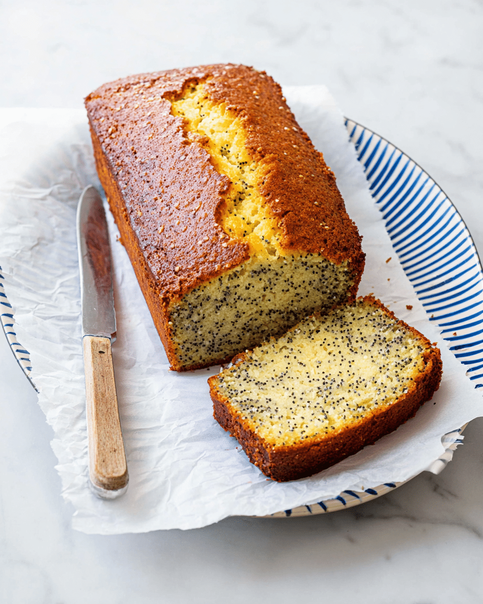 The image shows a loaf of poppy seed bread with a golden brown crust that has a crack running along the top. The loaf is placed on white parchment paper on a wooden cutting board. Two thick slices of the bread, showing a soft light beige interior dotted with many small black poppy seeds, lie on the parchment paper. One slice is placed on a white plate with a simple ridged edge. Nearby, a black-handled knife rests on the cutting board, and a small white plate with a rectangular slab of butter can be seen at the upper right. The scene is set on a white marbled surface with a white and blue striped cloth on the left side. photo taken with an iphone --ar 4:5 --v 7
