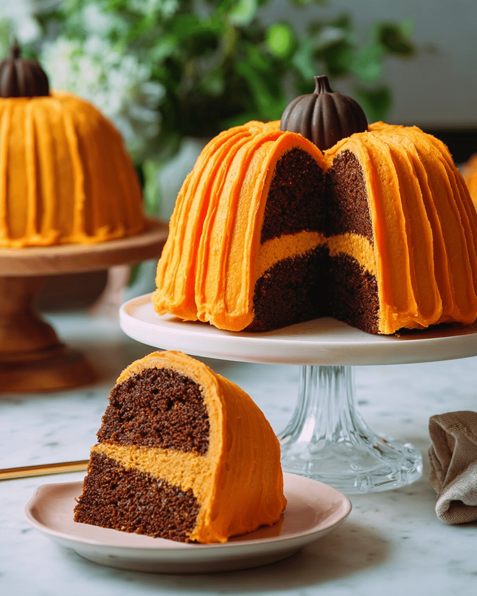 The image shows a pumpkin-shaped bundt cake with two thick layers of dark brown cake inside, separated by a thin layer of orange frosting. The outside is covered with bright orange frosting shaped with vertical ridges to look like a pumpkin. On top of the cake sits a small, dark chocolate piece that looks like a pumpkin stem. A slice of the cake is cut out and placed on a white plate in front, showing the same layers. The cake is on a white glass cake stand, all on a white marbled surface. In the background, there is another bundt cake, partially visible, and some plants. Photo taken with an iphone --ar 4:5 --v 7