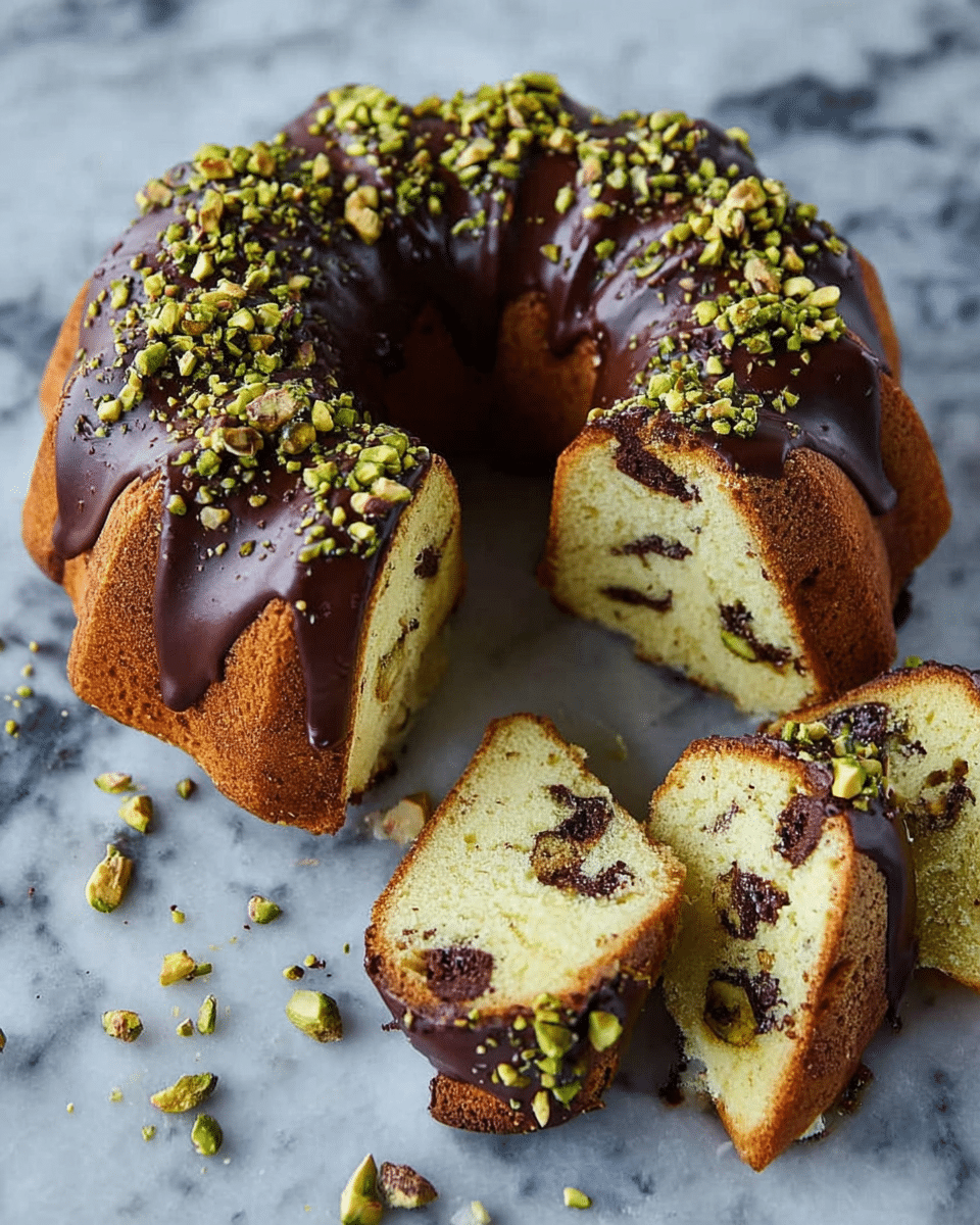A round bundt cake with a golden brown crust, covered on the top with a thick layer of shiny dark chocolate glaze that drips slightly down the sides. The chocolate layer is sprinkled with small, chopped green pistachio pieces. Several slices are cut from the cake and laid out around it, showing the inside which is light yellow with dark chocolate chunks scattered throughout. The cake sits on a white marbled surface. photo taken with an iphone --ar 4:5 --v 7