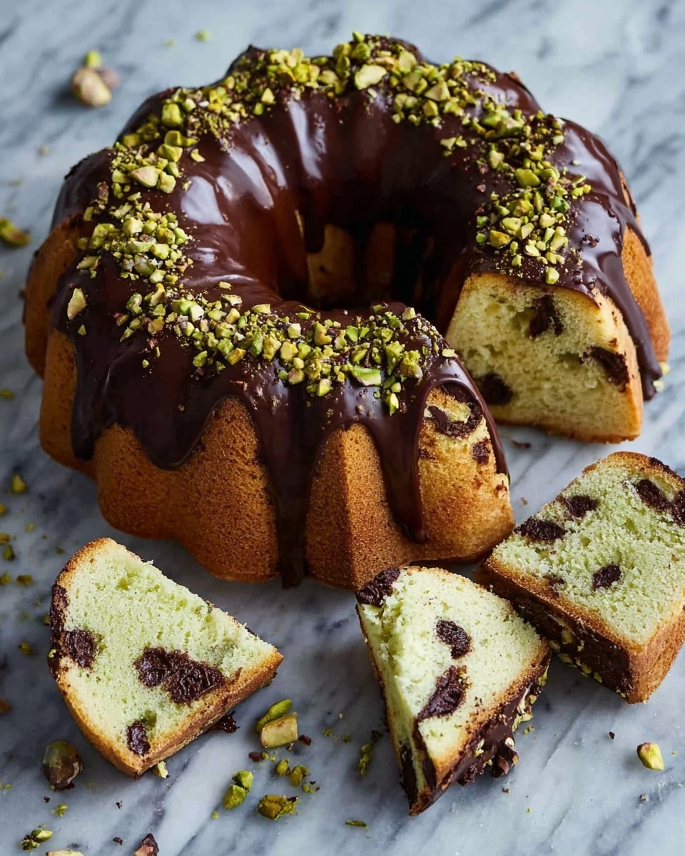 A round bundt cake with a light brown crust and pale green inside filled with dark chocolate chunks is shown. The cake is sliced, with several pieces placed around it on a white marbled surface. The top of the cake is covered by a thick layer of glossy dark chocolate glaze that drips slightly down the sides, sprinkled with chopped green pistachios. The slices show the contrast between the soft, light green cake with dark chocolate bits inside and the rich chocolate glaze on top. photo taken with an iphone --ar 4:5 --v 7