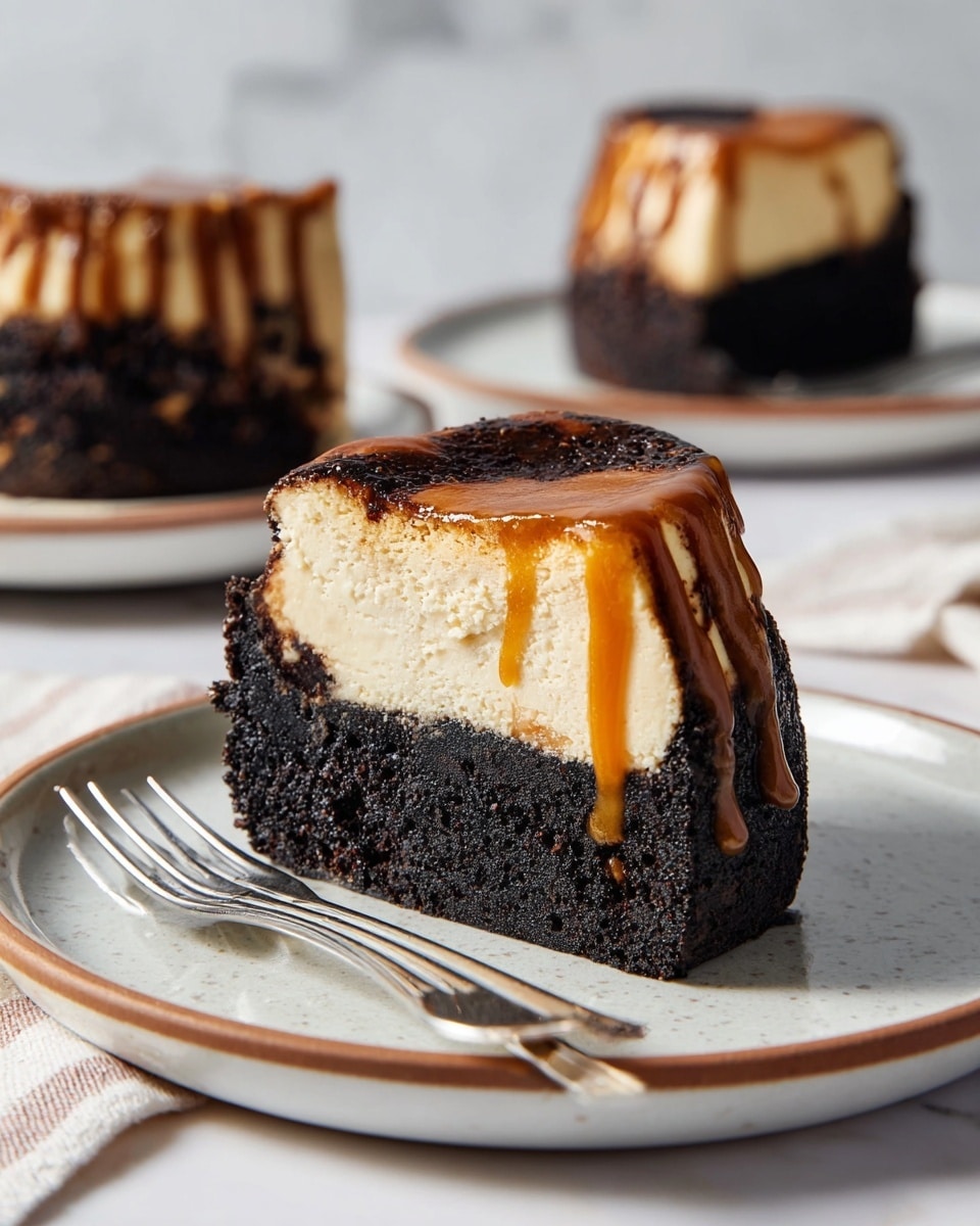The image shows a bundt cake on a white plate placed on a white marbled surface. The cake has two visible layers: a top caramel-colored layer with a shiny, slightly sticky texture, and a bottom dark brown, almost black layer with a crumbly, moist texture. The cake's surface is uneven with darker spots, giving it a rich, baked appearance. In the background, there are two white plates stacked with two silver forks resting on top. photo taken with an iphone --ar 4:5 --v 7