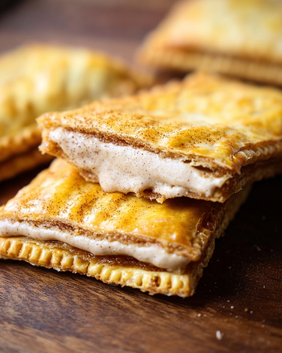 A close-up view of a rectangular pastry with two layers of golden, flaky crust. The top layer is lifted to show a creamy, light brown filling with a smooth texture speckled with small darker spots, likely cinnamon or spice. The edges of the crust are crimped, and the pastry sits on a dark wooden surface. Additional pastries are blurred in the background. Photo taken with an iphone --ar 4:5 --v 7
