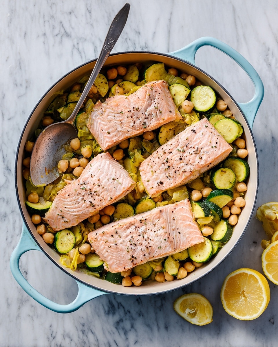 This image shows a light blue round pan with two handles on a white marbled surface, filled with cooked food. The bottom layer is made up of chickpeas and sliced zucchini in green and pale yellow colors, mixed together and spread evenly. On top, there are four pieces of cooked salmon, light pink with small black pepper specks, arranged in a square shape covering the vegetables. A large metal serving spoon is placed inside the pan on the left side, touching the chickpeas and zucchini. To the right of the pan, two lemon halves, one squeezed, are on the white marbled surface. The photo is taken with an iphone --ar 4:5 --v 7