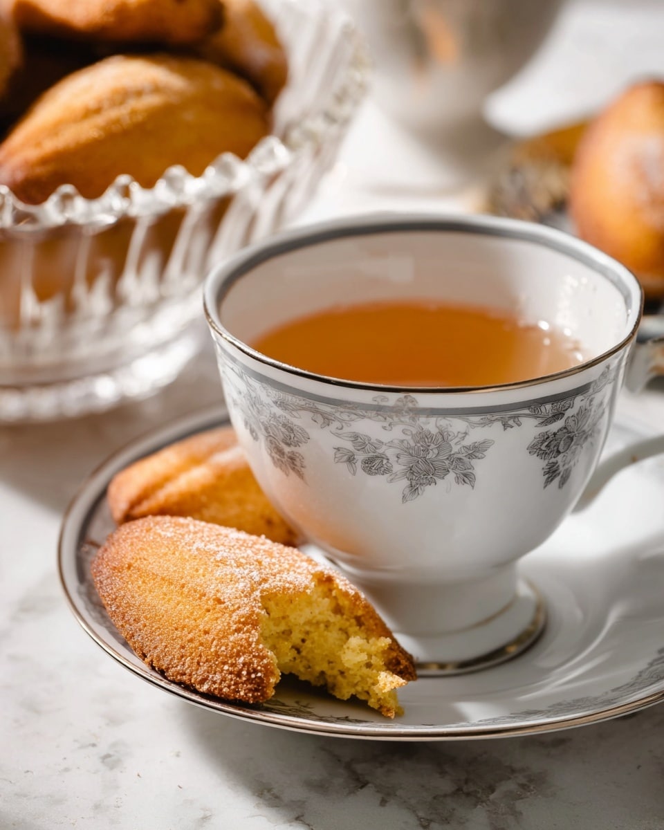 A glass dish holds eleven golden-brown madeleine pastries arranged closely together in two layers, each madeleine showing a shell-like ridged texture with a dusting of powdered sugar on top. The dish is placed on a white marbled surface, with sunlight casting soft shadows around the madeleines. To the right, a wooden tray holds a clear glass teapot filled with dark amber tea, the teapot covered in condensation droplets. In the top left corner, a white cup with blue flower designs is partially visible, filled with tea. The overall scene shows a warm and inviting setting with natural light highlighting the textures and colors. Photo taken with an iphone --ar 4:5 --v 7