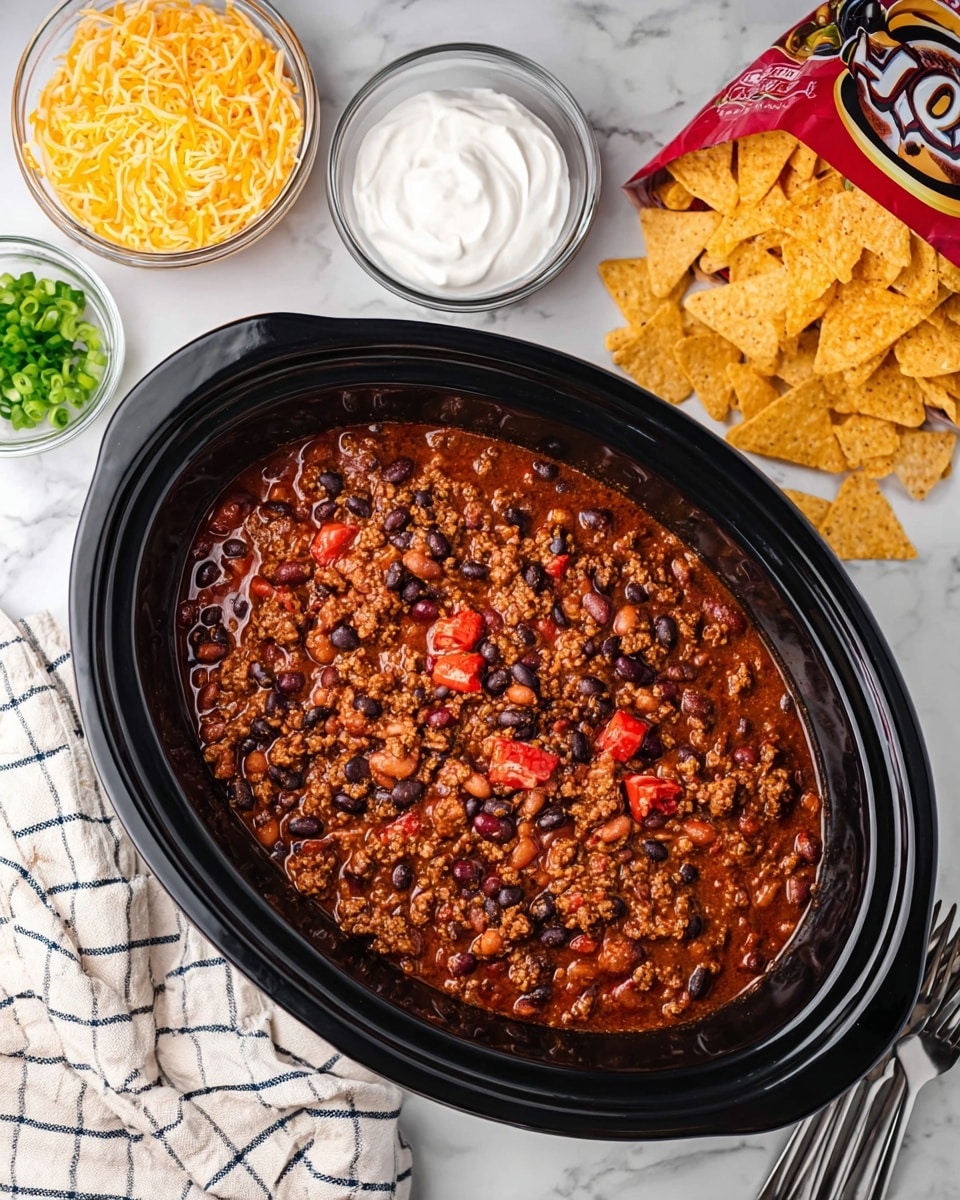 The image shows a black slow cooker filled with thick chili consisting of three visible layers: a rich reddish-brown tomato sauce base with finely ground meat mixed throughout, soft black beans scattered evenly across the dish, and larger light brown beans and chopped red tomato pieces adding texture on top. Next to the slow cooker are small white bowls containing shredded yellow cheddar cheese, smooth white sour cream, and chopped green onions. A white plate with several silver forks rests in the upper right corner, while a few broken yellow corn chips spill from an open red and yellow Fritos bag on the white marbled surface. A checkered cloth with cream and navy stripes is folded nearby. Photo taken with an iphone --ar 4:5 --v 7