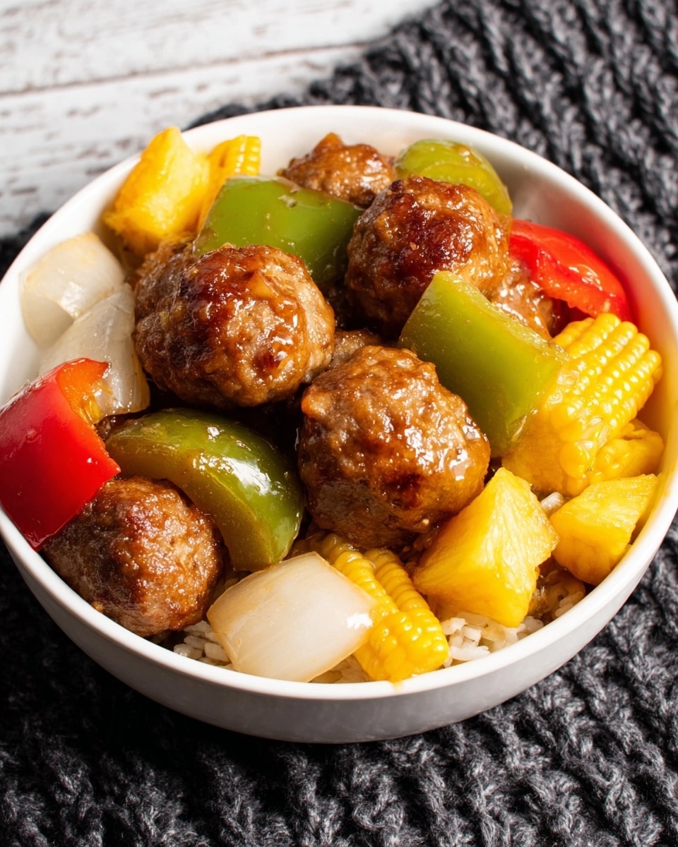 A white bowl filled with five brown glazed meatballs in the top half, mixed with large pieces of white onion, green bell pepper, and bright yellow baby corn scattered around. In the bottom half, there are yellow chunks, possibly pineapple, and pieces of red bell pepper, sitting over a base of white rice. The bowl is placed on a dark knitted mat, with a white marbled texture surface in the background. photo taken with an iphone --ar 4:5 --v 7