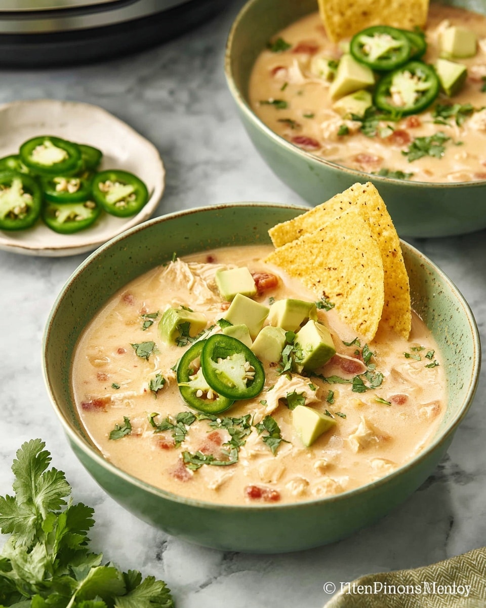 Two light green bowls sit on a white marbled surface, each filled with a creamy, light tan soup with a slightly chunky texture inside. The soup contains visible pieces of cooked chicken and small bits of tomato. Each bowl is topped with fresh green jalapeno slices, small cubes of pale green avocado, and chopped dark green cilantro. Two yellow tortilla chips are placed upright at the edge of the front bowl. A small white dish with sliced jalapenos and some sprigs of cilantro nearby complete the scene. Photo taken with an iphone --ar 4:5 --v 7