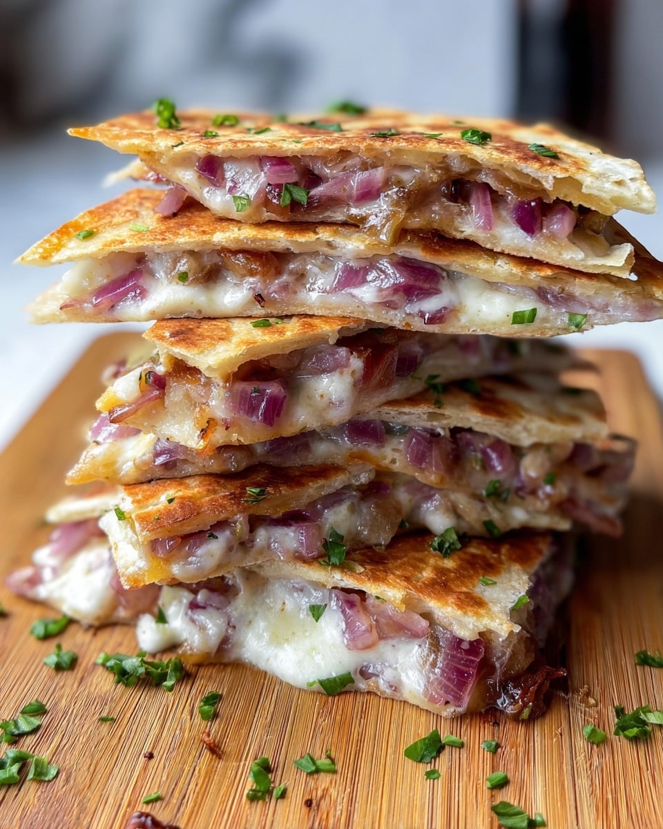 A stack of five slices of quesadilla is shown, each slice layered with a golden-brown crispy outer tortilla and a filling of melted white cheese and cooked red onions that are soft and slightly caramelized, giving a mix of white and deep purple colors inside. The slices are stacked unevenly on a wooden board, and small chopped green herbs are sprinkled on top and around the stack, adding a fresh green color contrast. The background is blurred with a white marbled surface visible. photo taken with an iphone --ar 4:5 --v 7