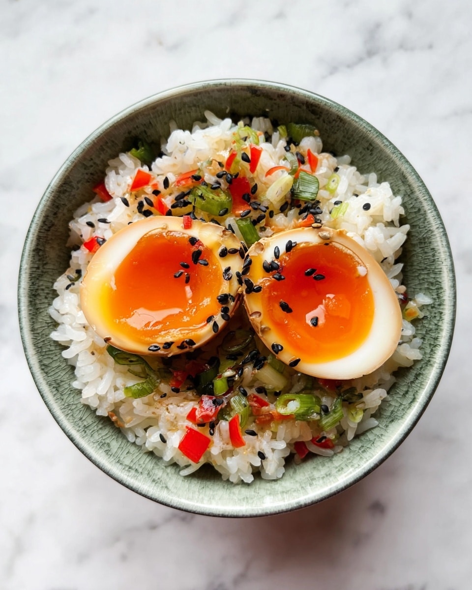 A speckled ceramic bowl filled with a dark brown broth contains four smooth, pale beige eggs evenly spaced. The broth is sprinkled with many small black sesame seeds and small pieces of red and green vegetables, adding splashes of color and texture across the surface. The bowl sits on a white marbled texture background, highlighting the colors in the dish. photo taken with an iphone --ar 4:5 --v 7