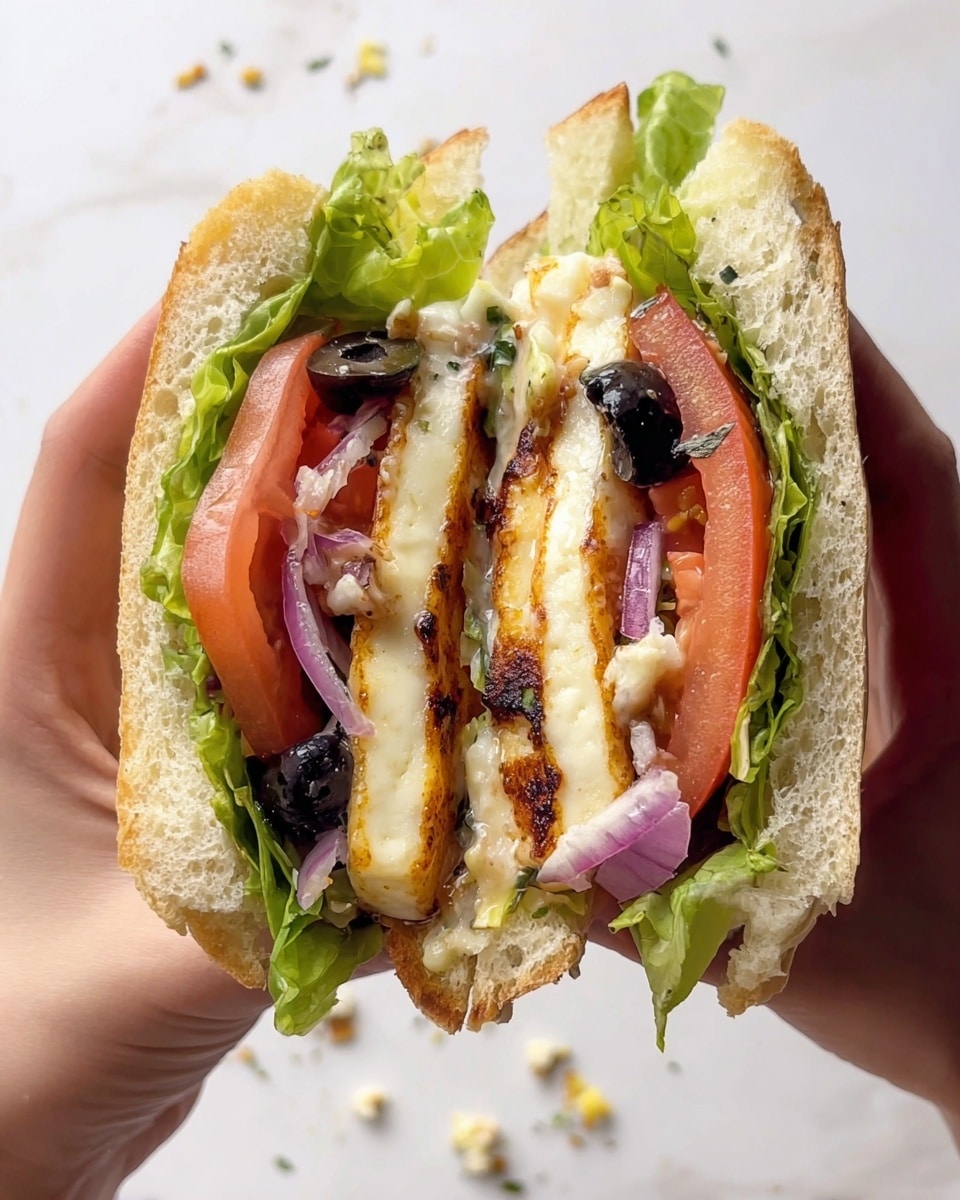 A sandwich held by two woman's hands is shown against a white marbled texture background. The sandwich has three layers of thick toasted white bread that are light golden brown, each layer separated with fillings. Inside, there are fresh bright green leafy lettuce leaves on both sides, followed by slices of red tomato and black olive pieces. Red onion slices add a purple touch near the middle. The center layers include creamy white melted cheese with a slightly browned edge. The ingredients are stacked thick and full, creating a colorful, fresh, and hearty look. Photo taken with an iphone --ar 4:5 --v 7
