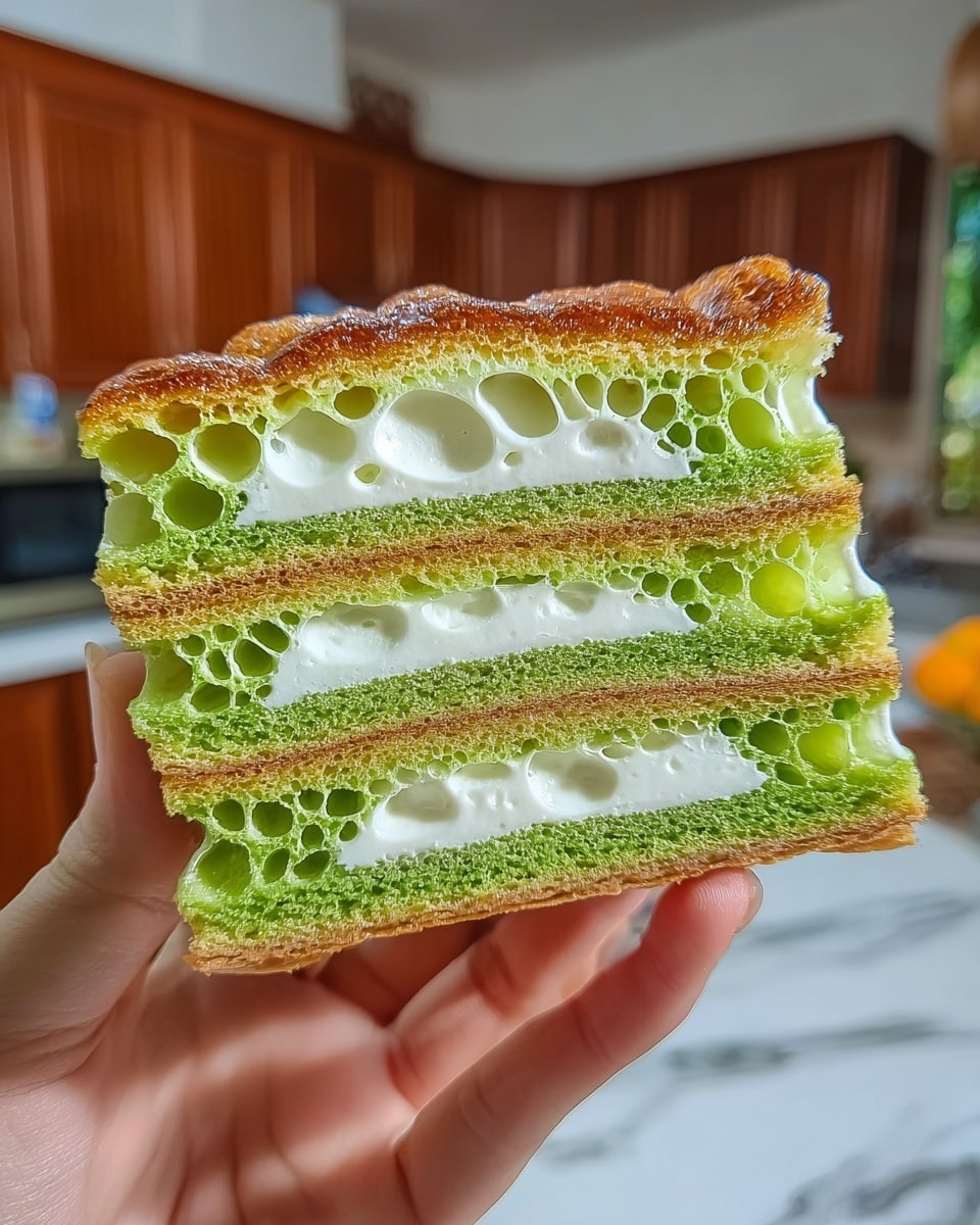 A close-up of a layered dessert held by a woman's hand, showing three thick layers of bright green sponge cake with large air pockets, separated by three thin layers of white creamy filling. The top and bottom edges of the cake have a golden-brown crust with a slightly shiny glaze on the top. The background shows a blurred kitchen setting with warm brown wooden cabinets, and the dessert is held above a white marbled surface. photo taken with an iphone --ar 4:5 --v 7