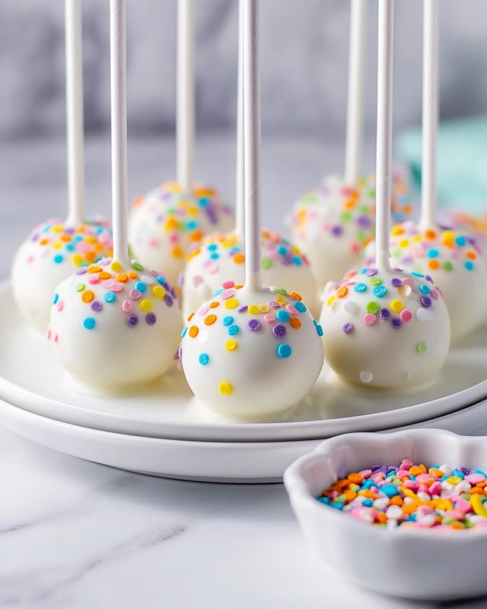 The image shows white cake pops standing upright on white sticks arranged on a white plate. Each cake pop is fully coated with smooth white chocolate and decorated on top with small round colorful sprinkles in shades of orange, yellow, pink, blue, green, and purple. The plate is set on a white marbled surface. In the foreground on the right, there is a white bowl filled with more colorful sprinkles. The cake pops form a small cluster, with some slightly blurred in the background, creating a soft and bright look. photo taken with an iphone --ar 4:5 --v 7