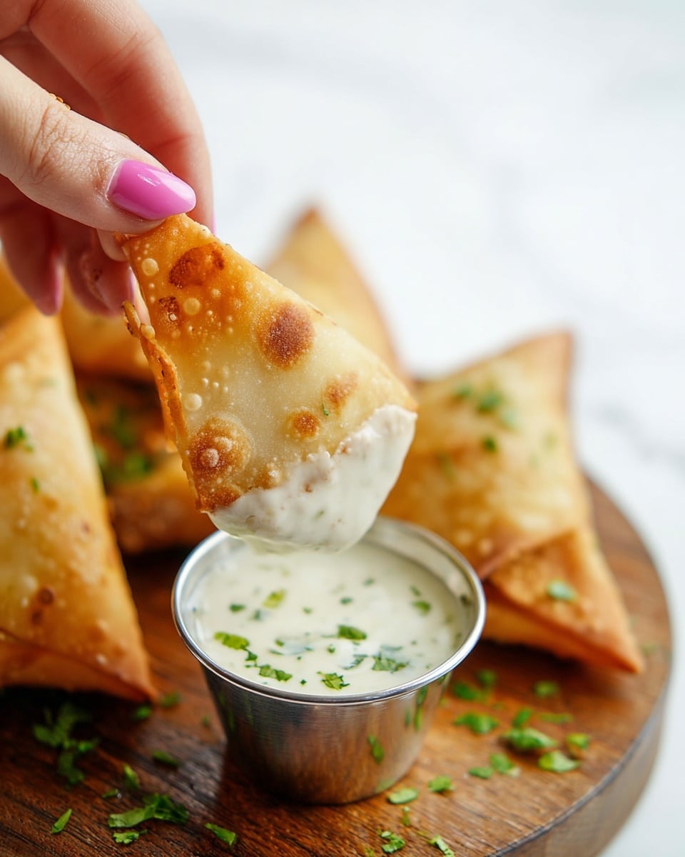 A close-up view shows a crispy, golden-brown fried triangular roll being dipped into a small metal cup filled with a creamy white sauce sprinkled with chopped green herbs. The roll has a thin, smooth texture with light brown spots from frying. In the background, several more of the same rolls sit on a round wooden board garnished with small green leaves. A woman's hand with pink-painted nails is holding the roll as it dips into the sauce. The scene is set on a white marbled surface, with soft natural lighting highlighting the textures. photo taken with an iphone --ar 4:5 --v 7