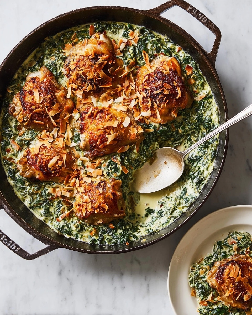 A large black cast iron pan holds four pieces of golden-brown chicken thighs on top of a creamy, green spinach layer mixed with white sauce, all sprinkled with toasted coconut flakes for texture. The spinach mixture is spread evenly at the bottom, covering the pan's base, while the chicken sits on top with crisp, browned skin. A silver spoon rests partially submerged in the spinach sauce on one side of the pan. To the right, a white plate features a single piece of the chicken with some green creamy spinach underneath, also topped with toasted coconut flakes. Both the pan and plate are placed on a white marbled surface. photo taken with an iphone --ar 4:5 --v 7