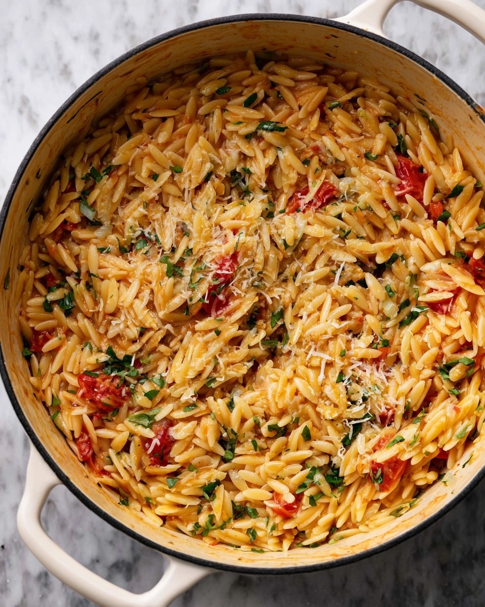 A close-up top view of a large white pot filled with cooked orzo pasta mixed with small pieces of red tomatoes and green herbs scattered throughout. The orzo is creamy and slightly shiny, with a light orange tint from the sauce. Finely grated white cheese is sprinkled evenly over the top. The pot has two visible handles on each side, and it sits on a white marbled surface. photo taken with an iphone --ar 4:5 --v 7