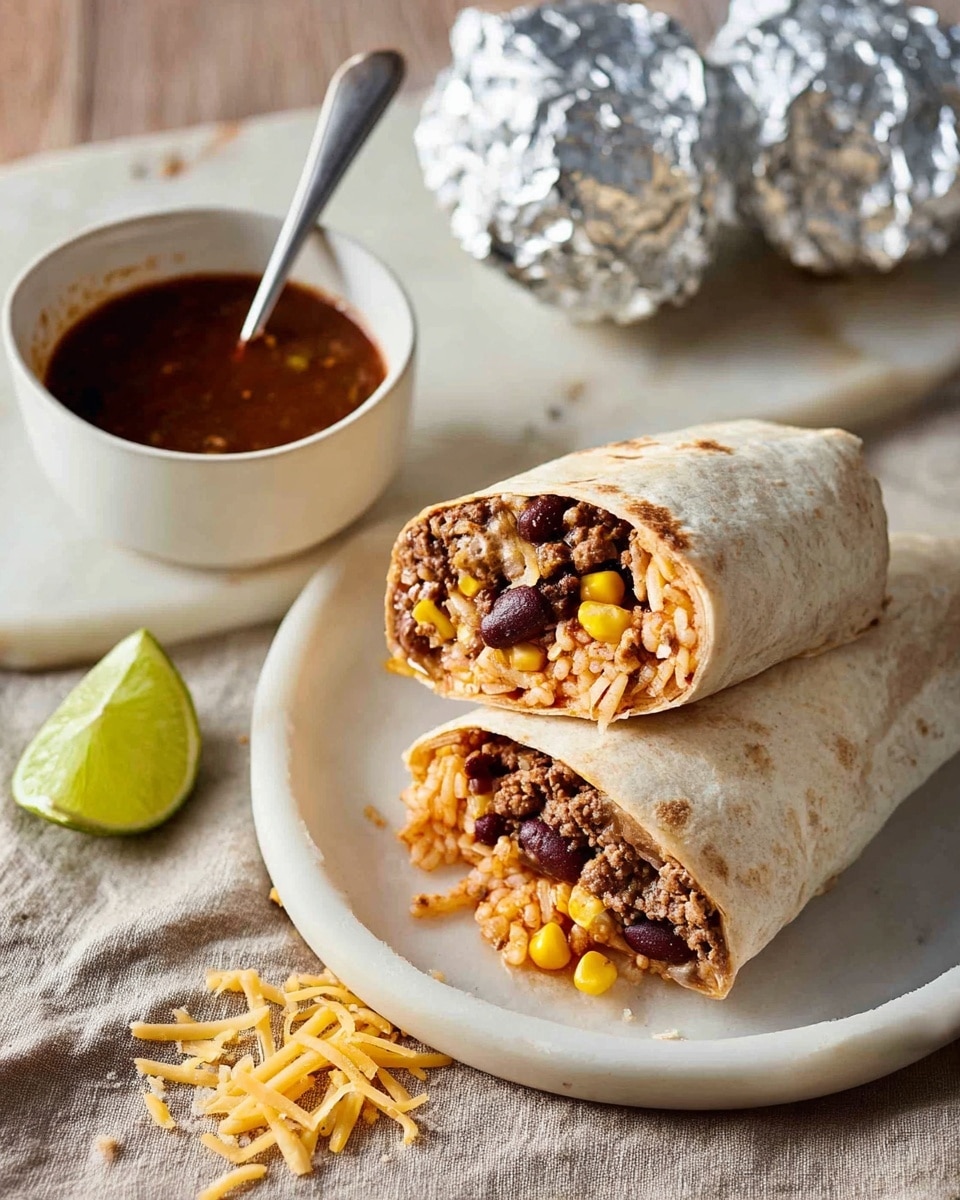 The image shows a wrapped burrito cut in half on white paper, placed on a wooden surface with a few lime wedges and scattered rice grains around it. Inside the burrito, you can see layers of brown cooked meat, orange rice, light brown beans, yellow corn, and melted cheese. Behind the burrito, there are two small white bowls, one filled with red sauce and a spoon, and the other with white sour cream. In the background, there is a black pan holding two burritos wrapped tightly in shiny aluminum foil, set on a white cloth. The top section shows eight small images of the step-by-step burrito rolling process on white flour tortillas with a woman's hand folding and rolling the filled tortilla on the white marbled surface. photo taken with an iphone --ar 4:5 --v 7