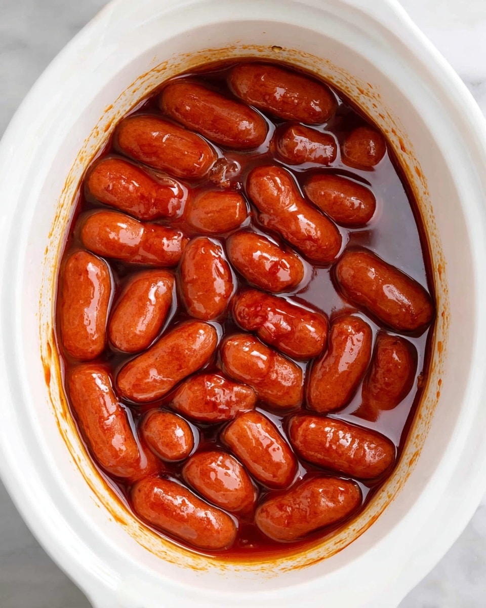 The image shows a white oval slow cooker filled with small, plump sausages evenly coated in a shiny reddish-brown sauce. The smooth surface of the sausages reflects light, making them look moist and tender. The sauce covers the bottom of the cooker, pooling around and beneath the sausages, with slight stains around the edges where the sauce has cooked down. The slow cooker sits on a white marbled surface, visible at the edges of the frame. photo taken with an iphone --ar 4:5 --v 7